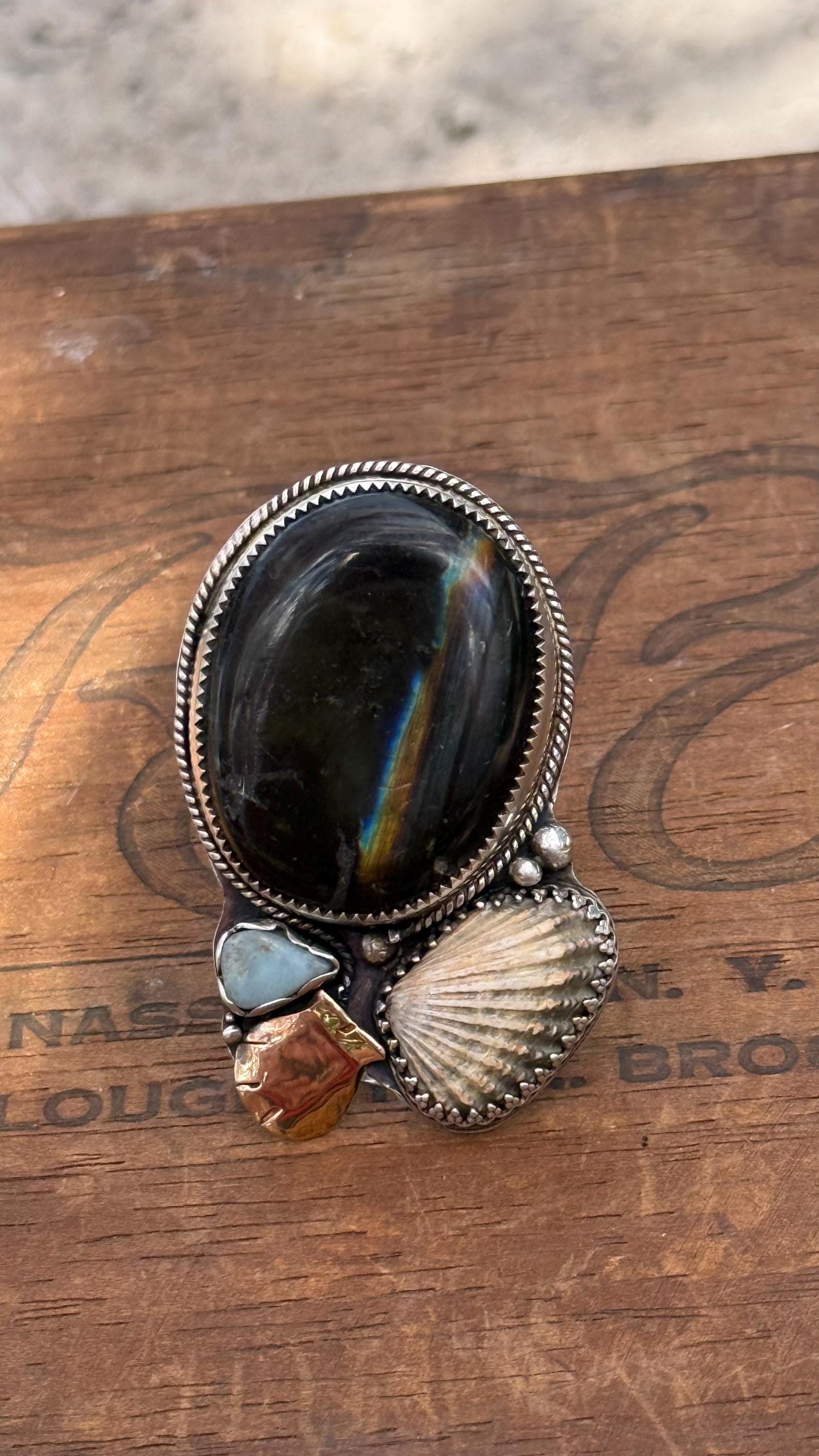 Flashing Labradorite, Broad-Ribbed Cardita Shell, Recycled Larimar, Cardita Shell, & Hand-Forged Scallop Shell in Mix of SS and 14KGF; 10MM Reticulated Band