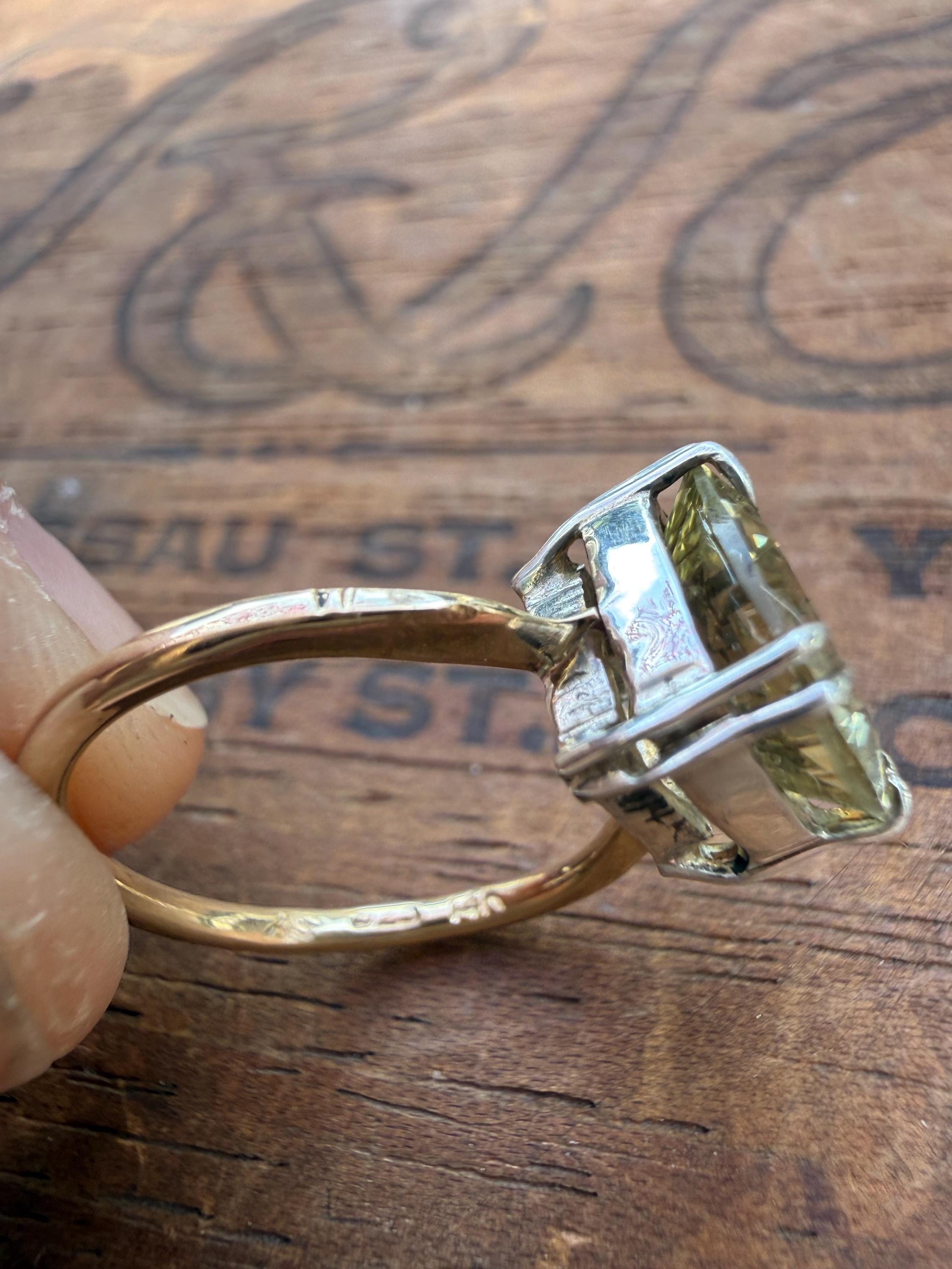Handmade 2.3 Carats of Lemon Quartz Estate Stone and Vintage 14k Gold Band & Sterling Silver, Size 6.5