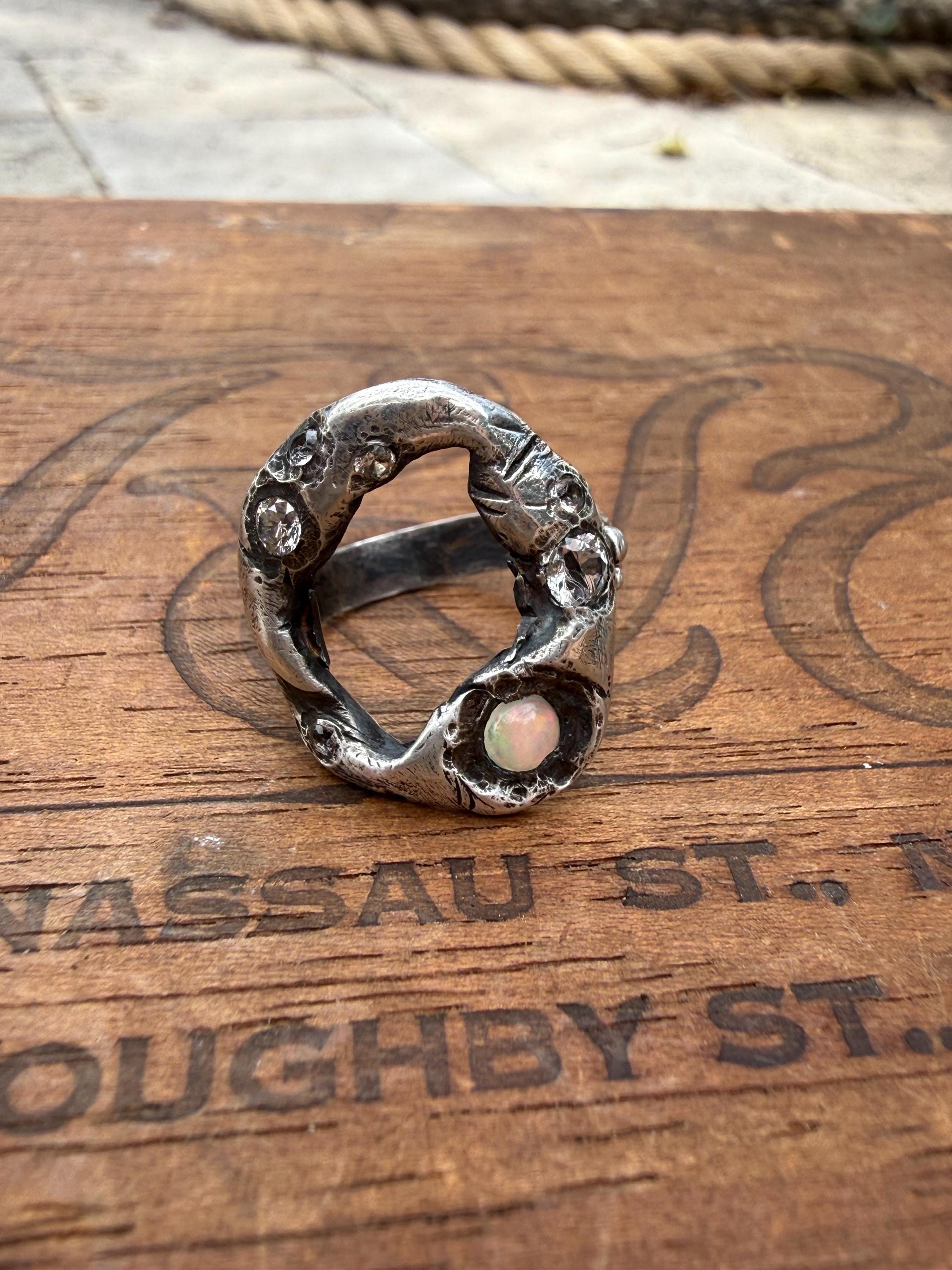 Fine & Sterling Silver Organic Pirate Ring with CZ’s and an Opal. Size 7.5