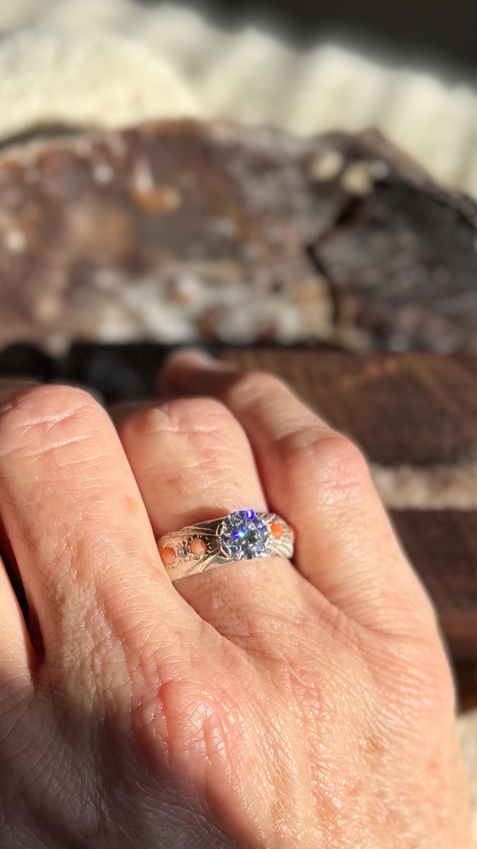 1 Carat Center Moissanite Diamond Ring with Vintage Coral and smaller moissanites in Sterling Silver with custom engraving, size 8