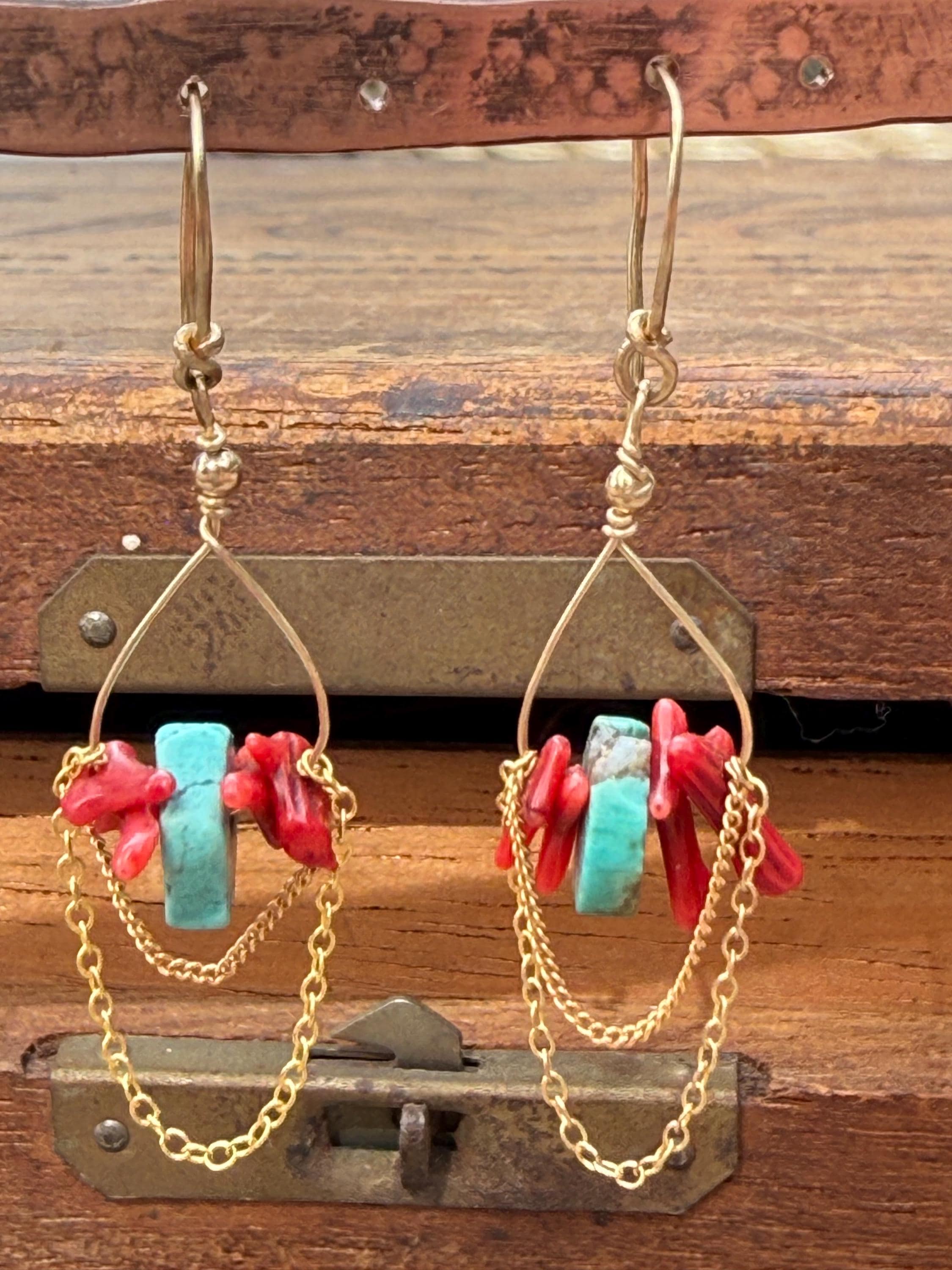 Red Coral & Turquoise Beaded Lightweight Chain Dangle Earrings in 14kgf, Handmade
