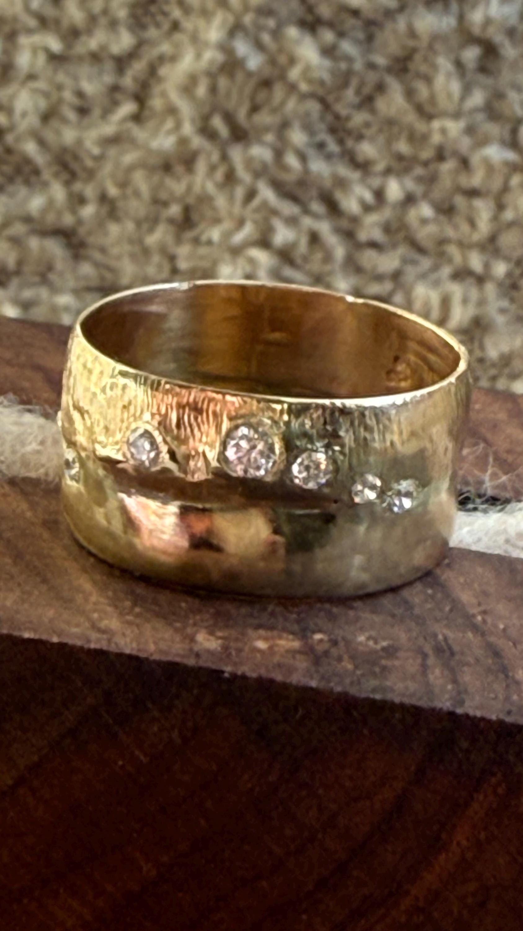 Super Wide Vintage 14Kt Gold Band with Moissanite Diamonds, size 7.5