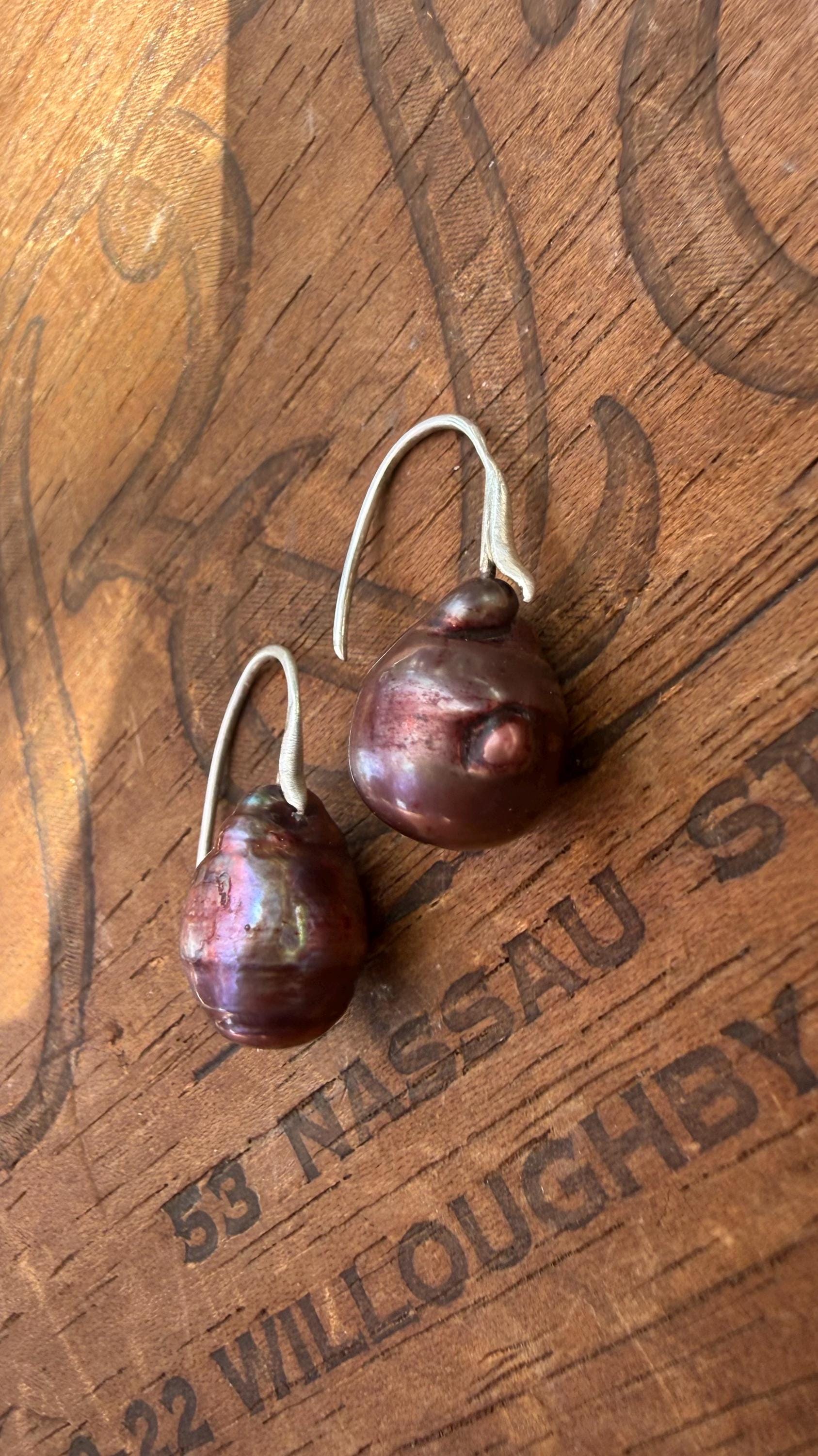 Port Colored Baroque Freshwater Pears with Sterling Silver hooks.