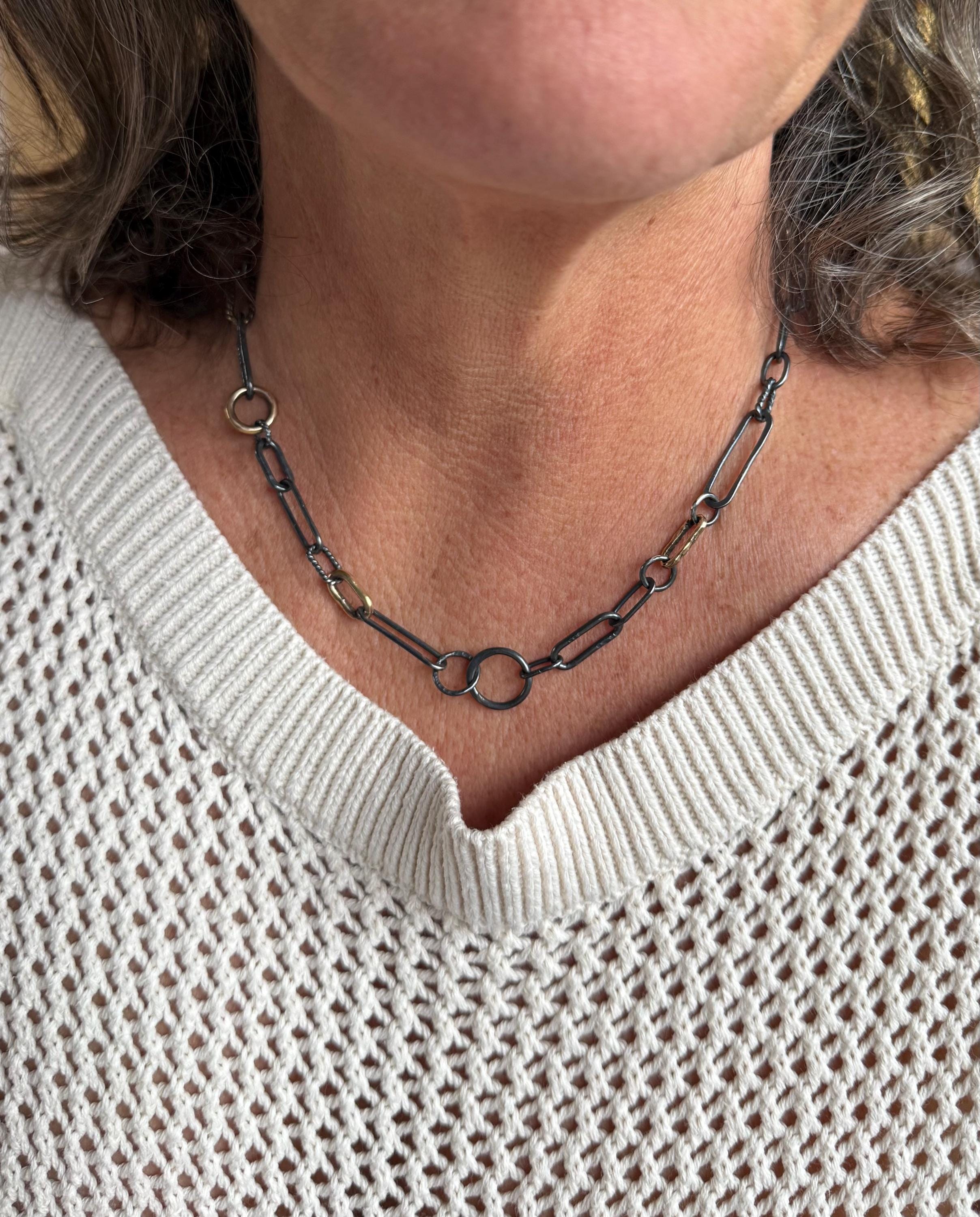 Hand-Formed Blackened Sterling Silver & 14k Gold Filled Oval and Circular Links, 18”