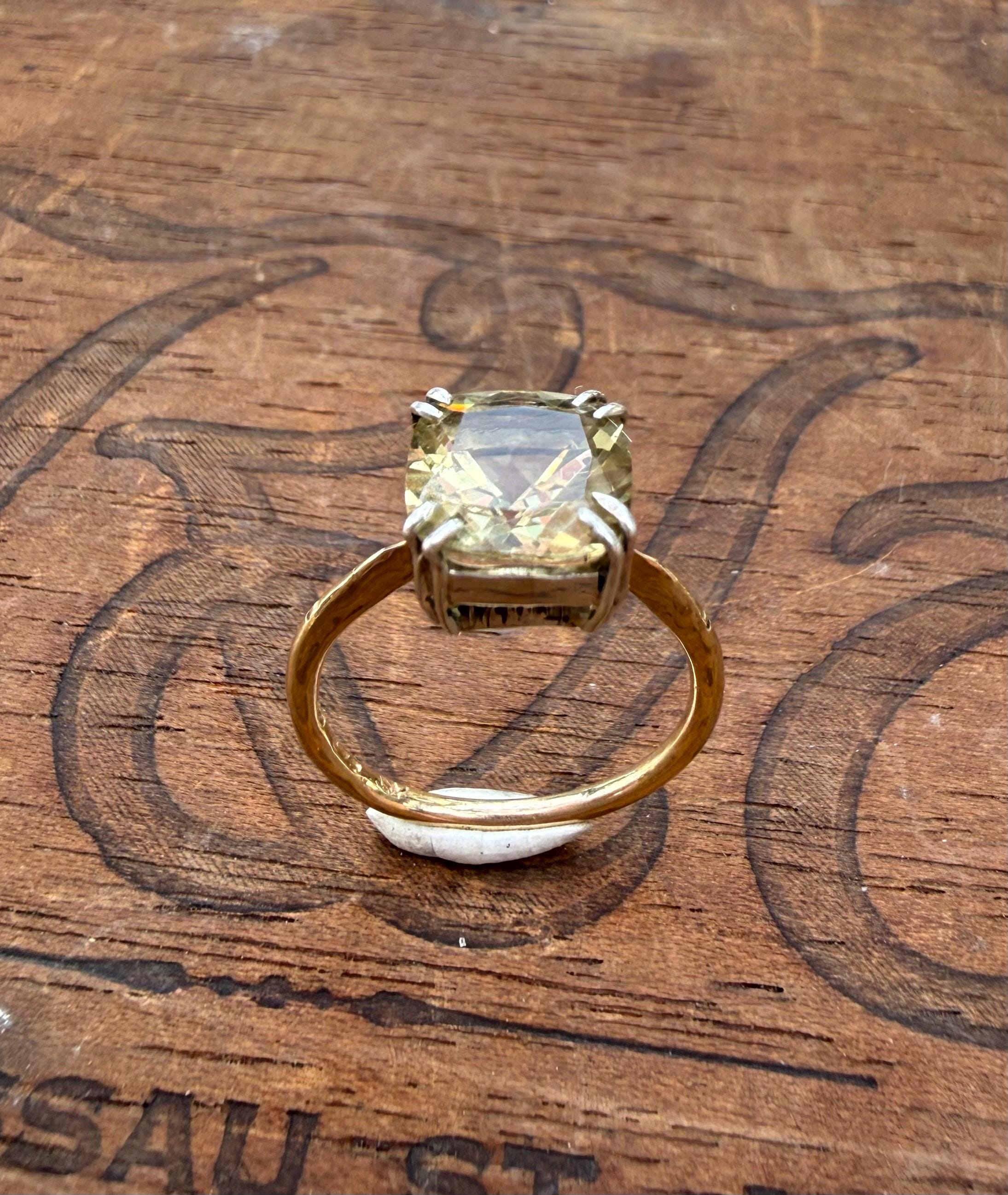 Handmade 2.3 Carats of Lemon Quartz Estate Stone and Vintage 14k Gold Band & Sterling Silver, Size 6.5