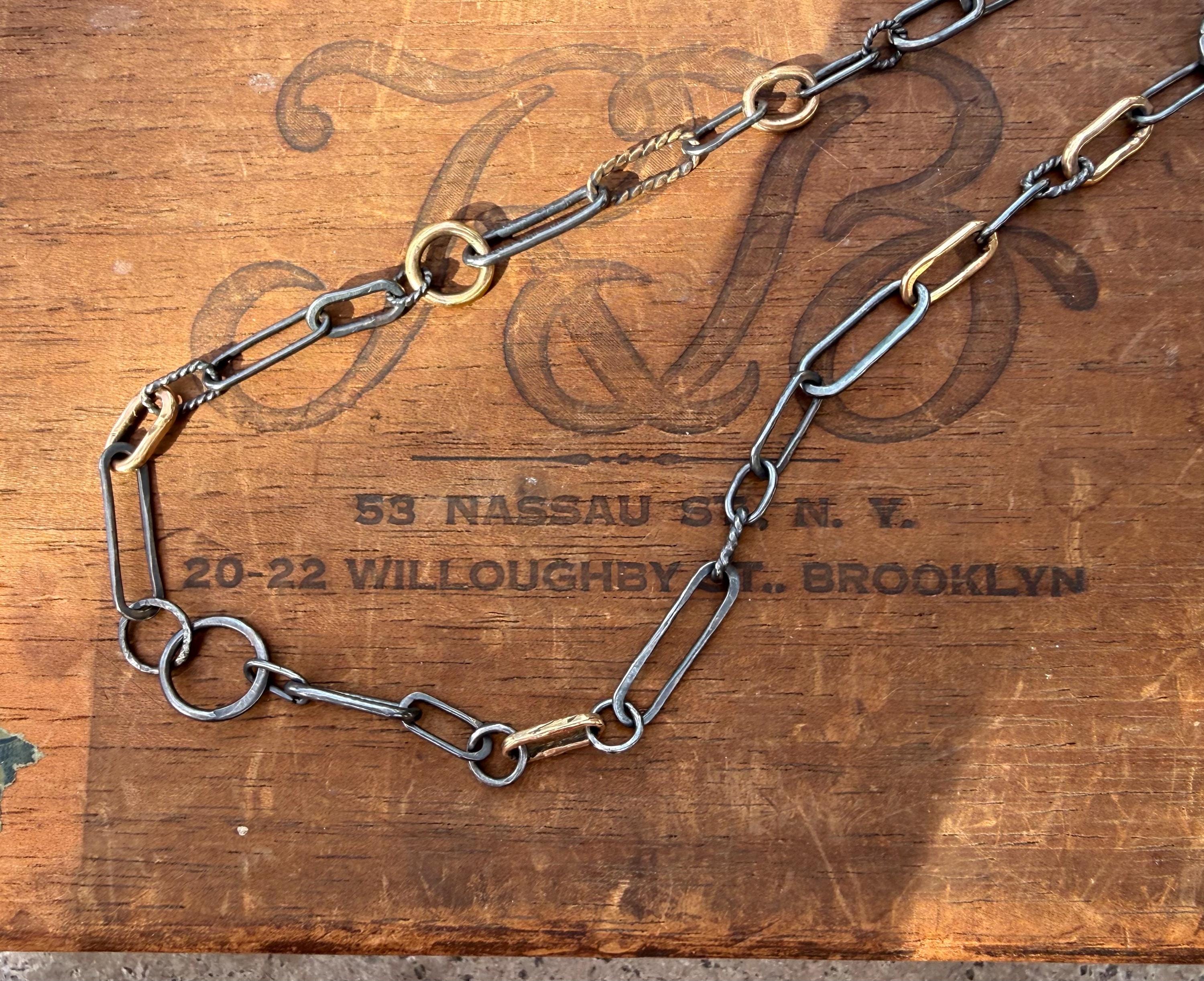 Hand-Formed Blackened Sterling Silver & 14k Gold Filled Oval and Circular Links, 18”