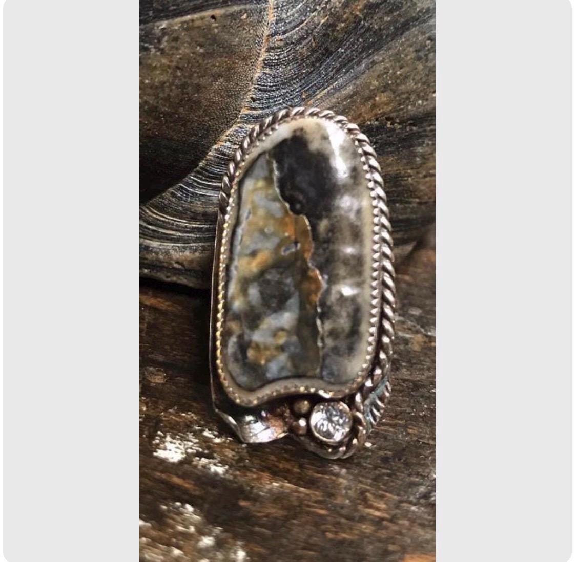 CLAM SHELL Ring Paired with a 5mm White Topaz, Handmade in Sterling and Fine Silver & 14KGF Accents