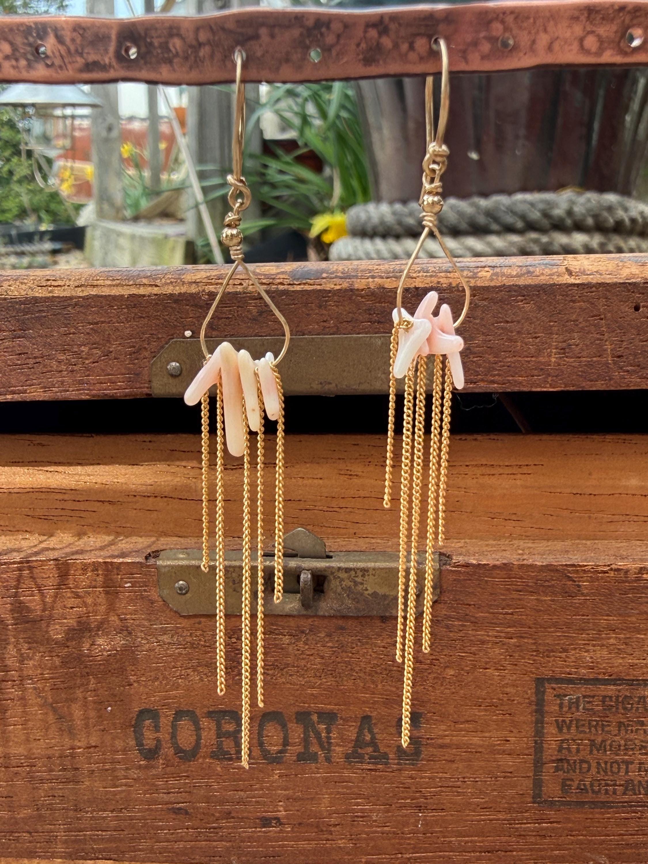 Angel Skin Coral & Chain Long Fringe Dangle Earrings in 14kgf, Handmade