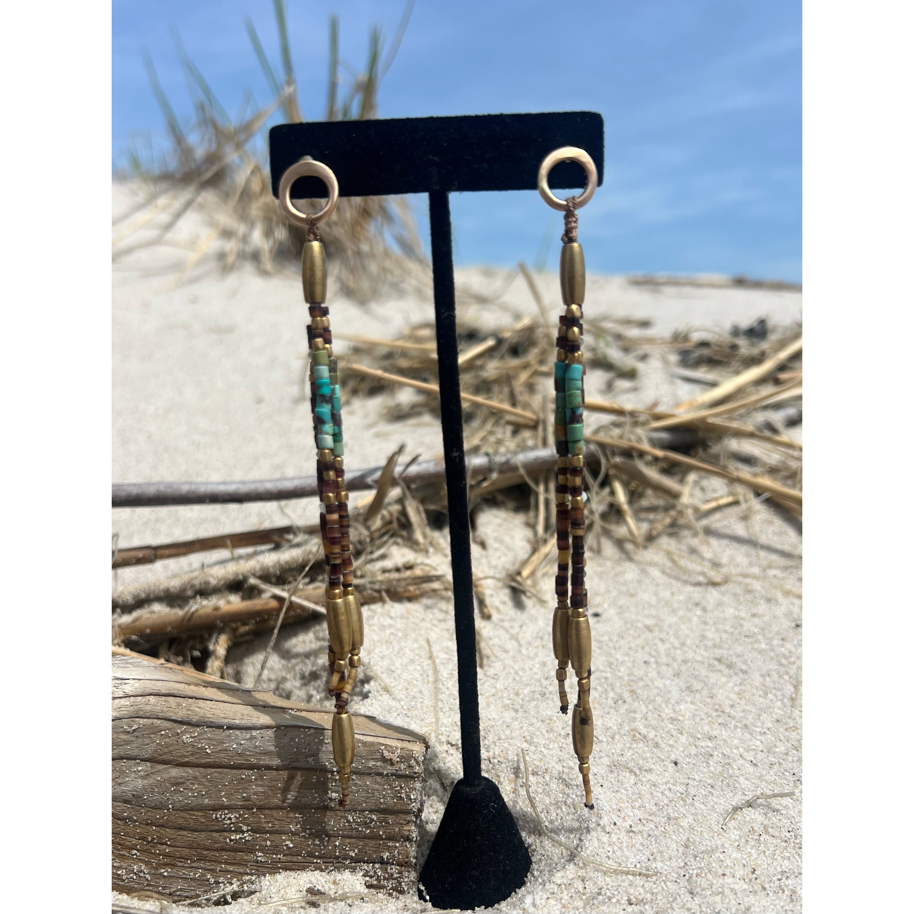 Gypsy Earrings with Shell, Labradorite, Turquoise, Moonstone, & Brass beads and 14kgf with SS Posts.