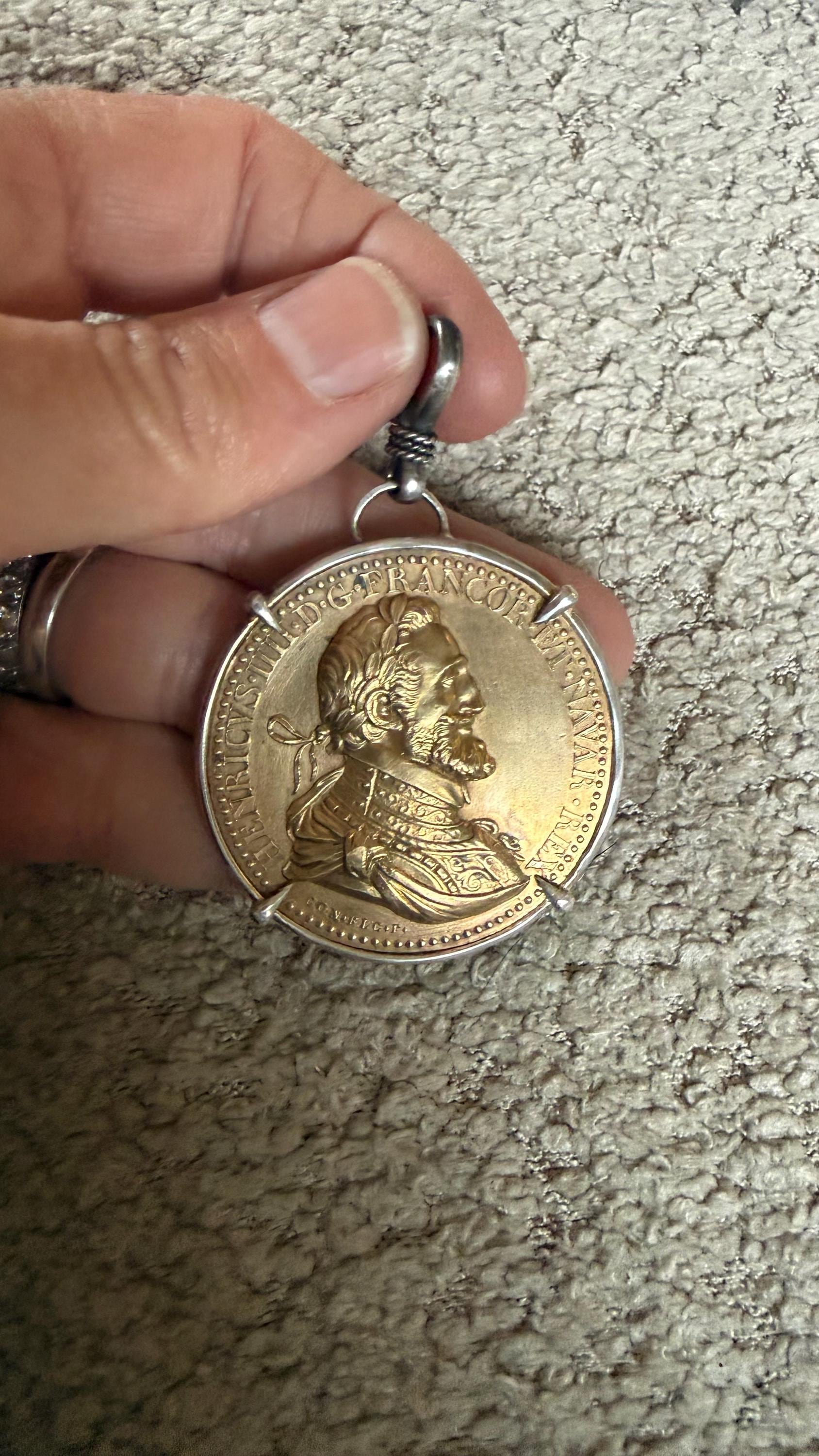 Vintage Bronze ‘1598 France The Unification of the Two Kingdoms’ Coin with Sterling Silver Claw Prongs & Silver Clip