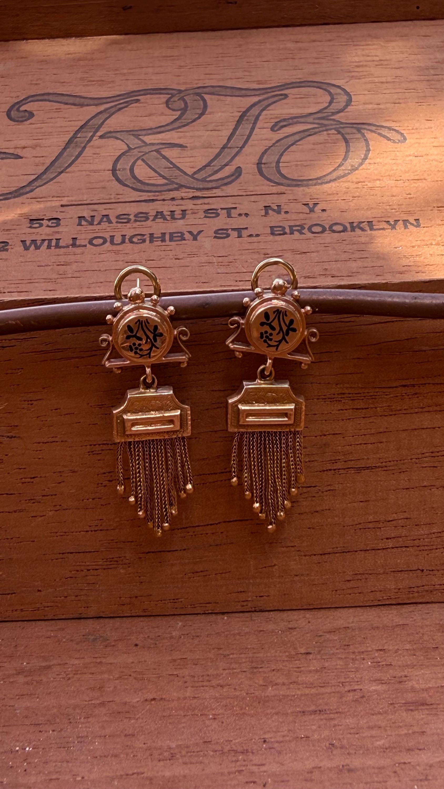Antique Earrings Victorian Tassle with Black Enamel and 14K Yellow Gold