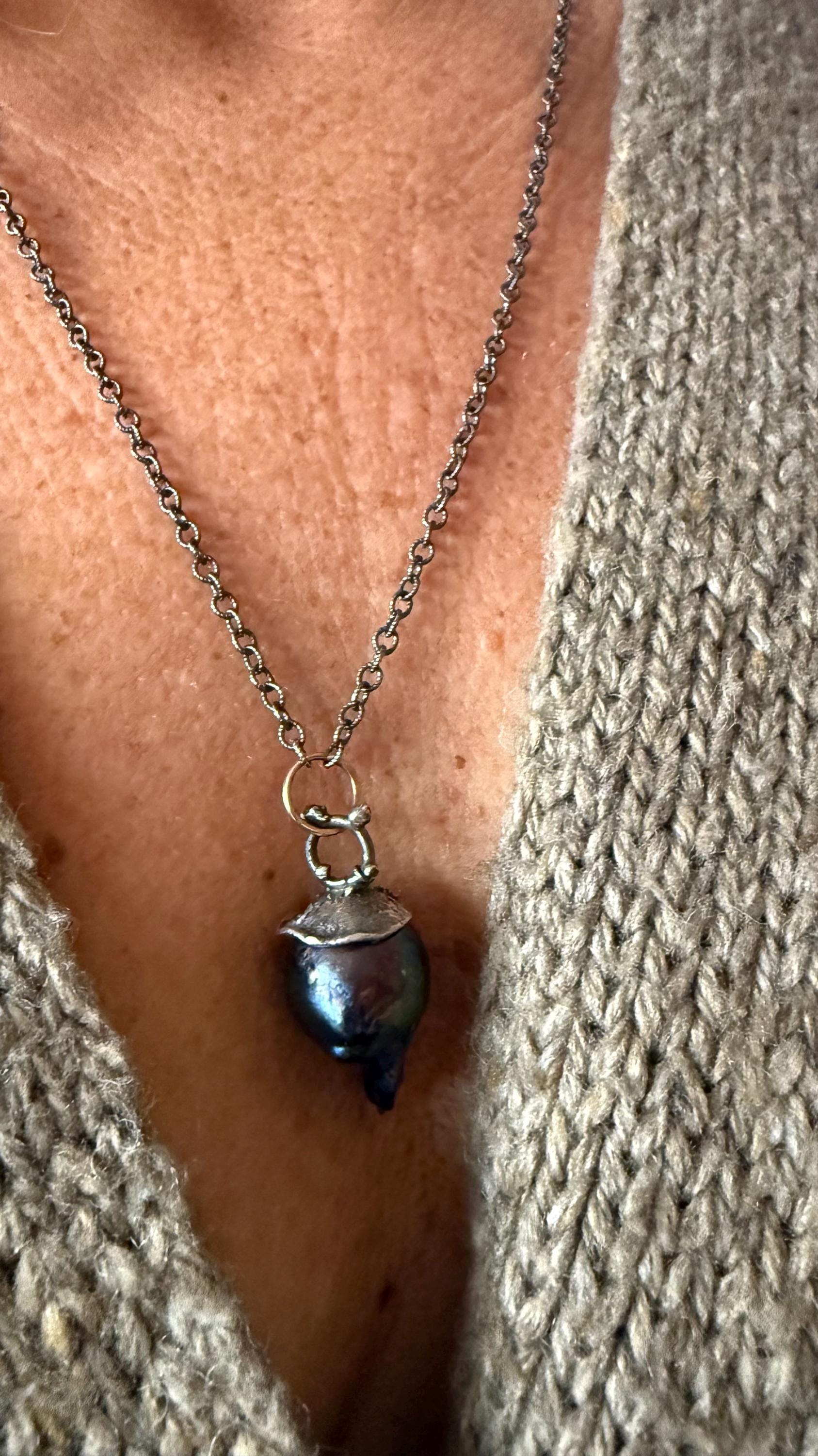 Giant Black Baroque Pearl Necklace with Sterling silver Chain and 14k Gold; 24” long.