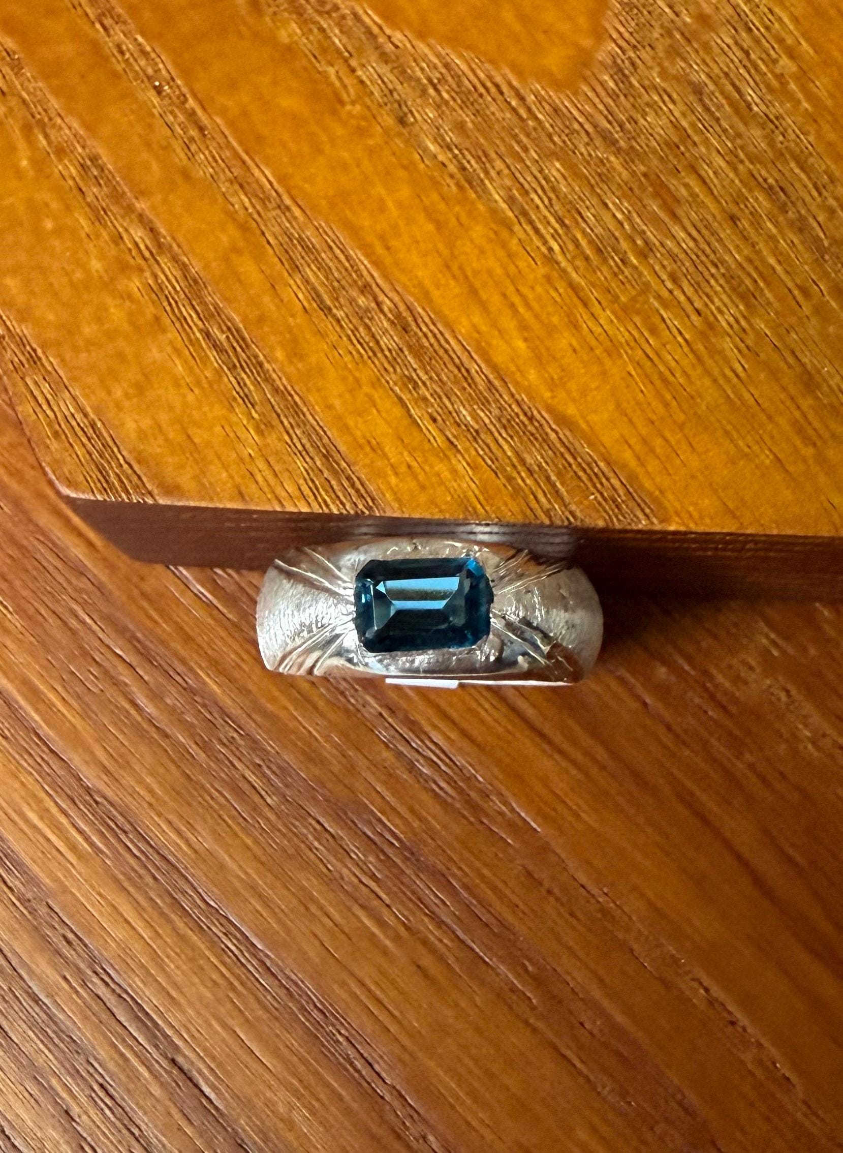 Hand Carved Fine Silver Dome Ring: London Blue Topaz, Size 7