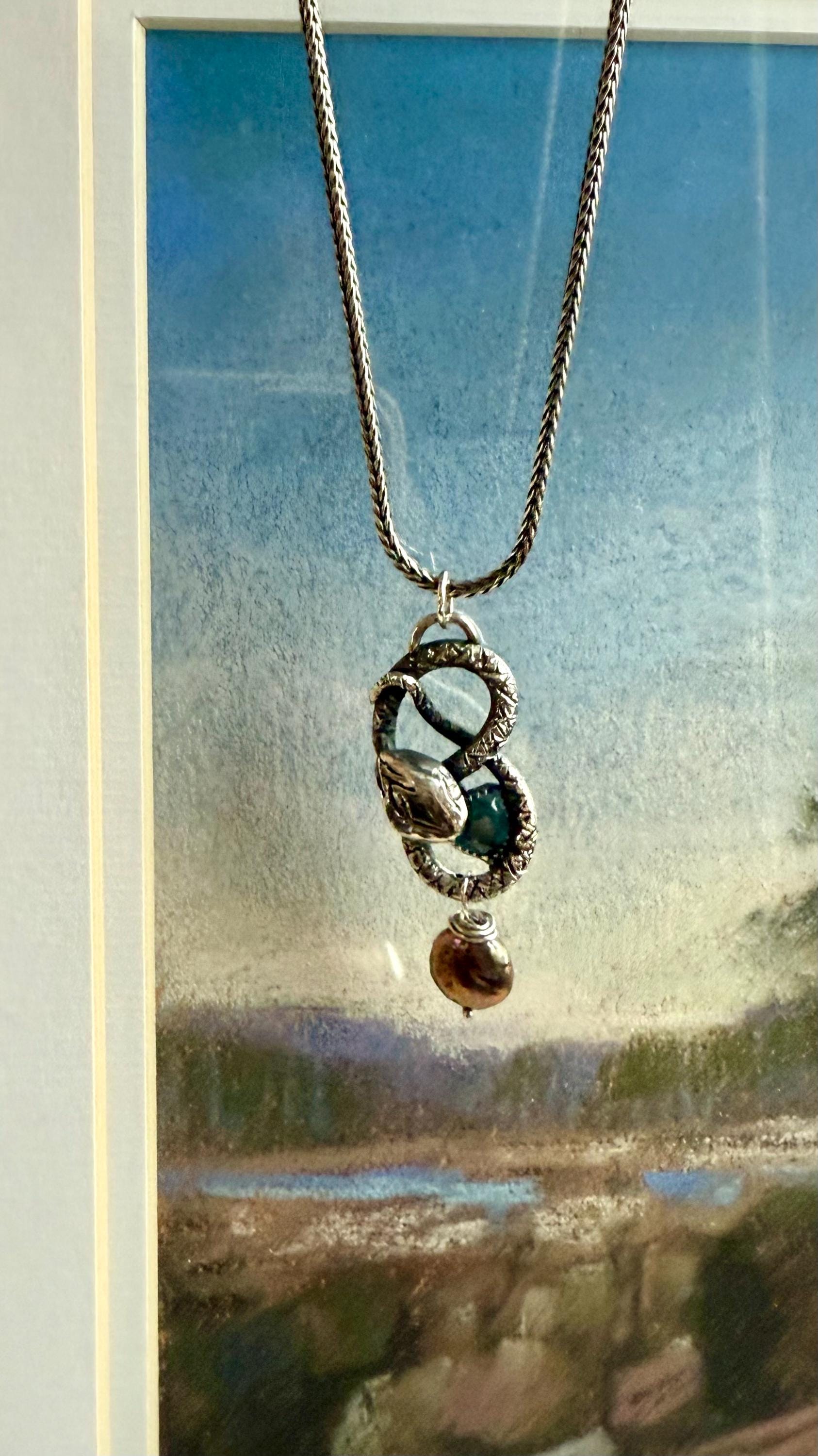 Hand-Sculpted Fine Silver Snake Pendant: Blue Tourmaline & Pearl, Sterling Chain