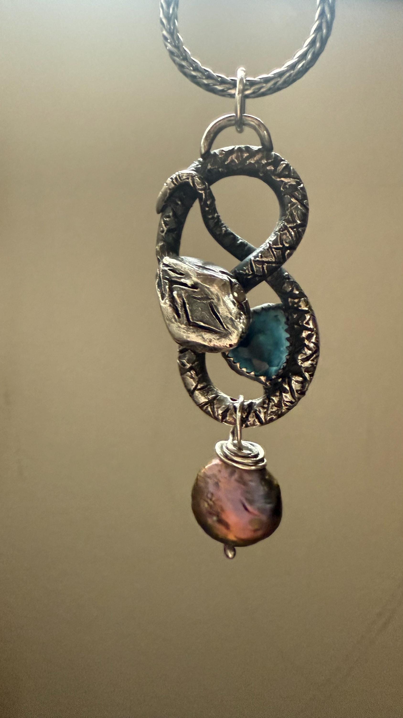 Hand-Sculpted Fine Silver Snake Pendant: Blue Tourmaline & Pearl, Sterling Chain