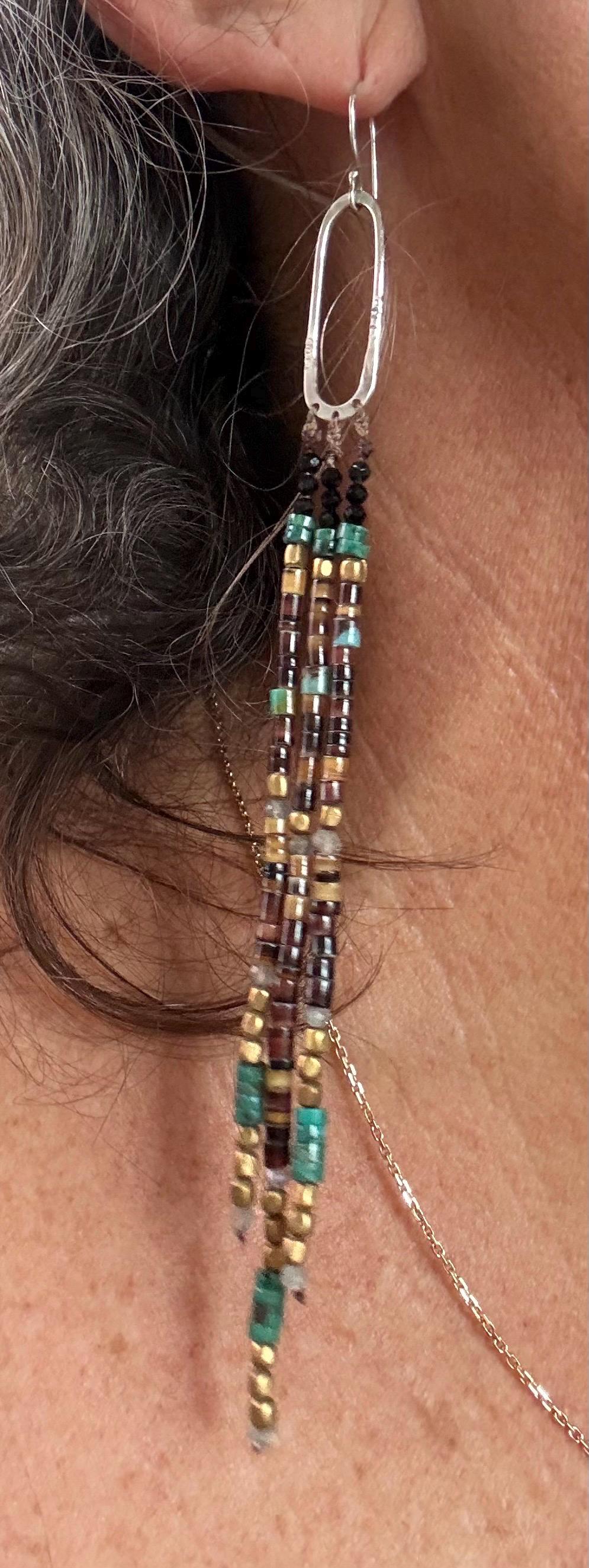 Gypsy Earrings with Shell, Labradorite, Turquoise, Black Tourmaline & Brass beads and Sterling Silver.