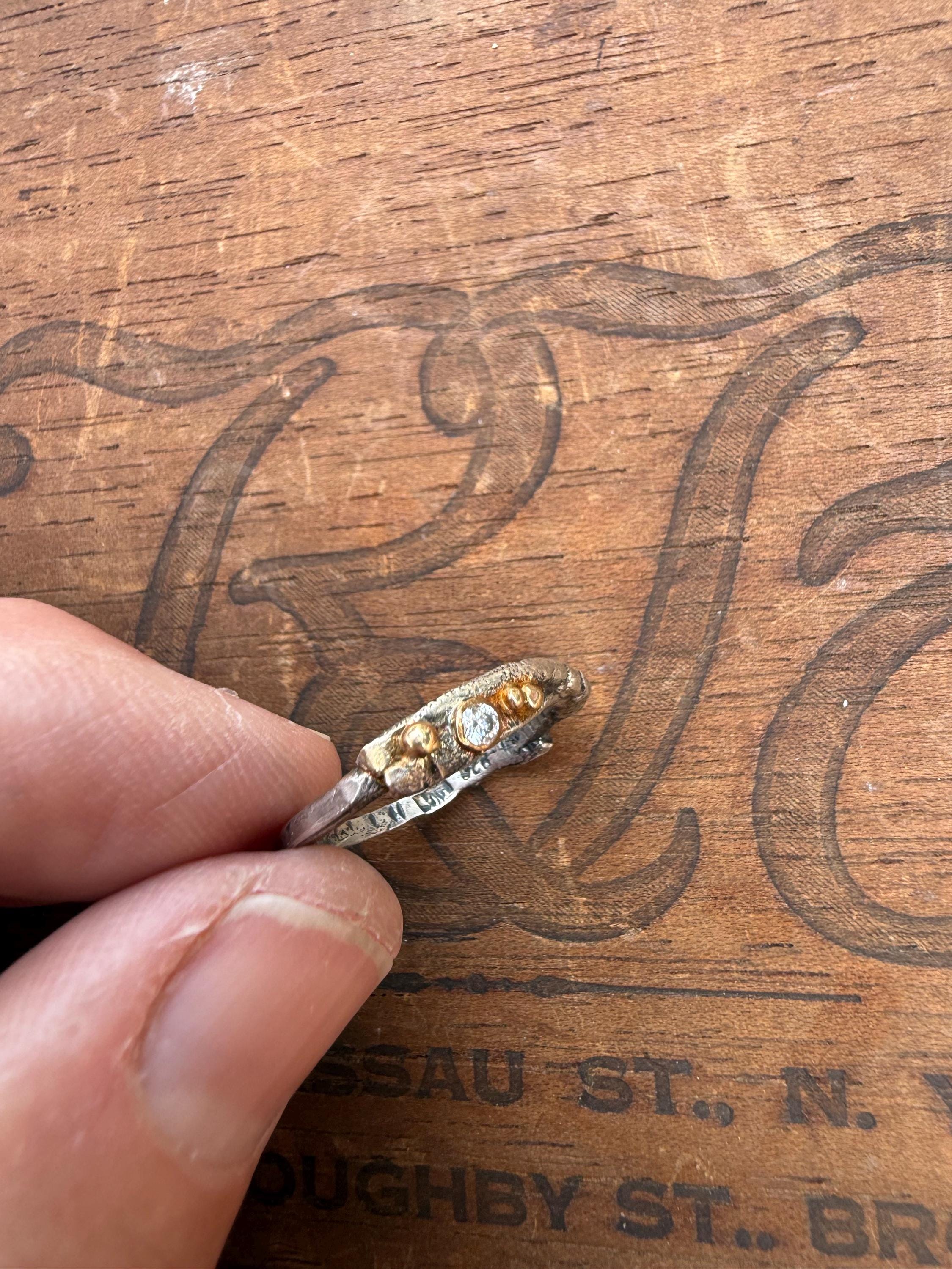 Fused Sterling Silver & Recycled 14K Gold with  a 2mm Moissanite Diamond.