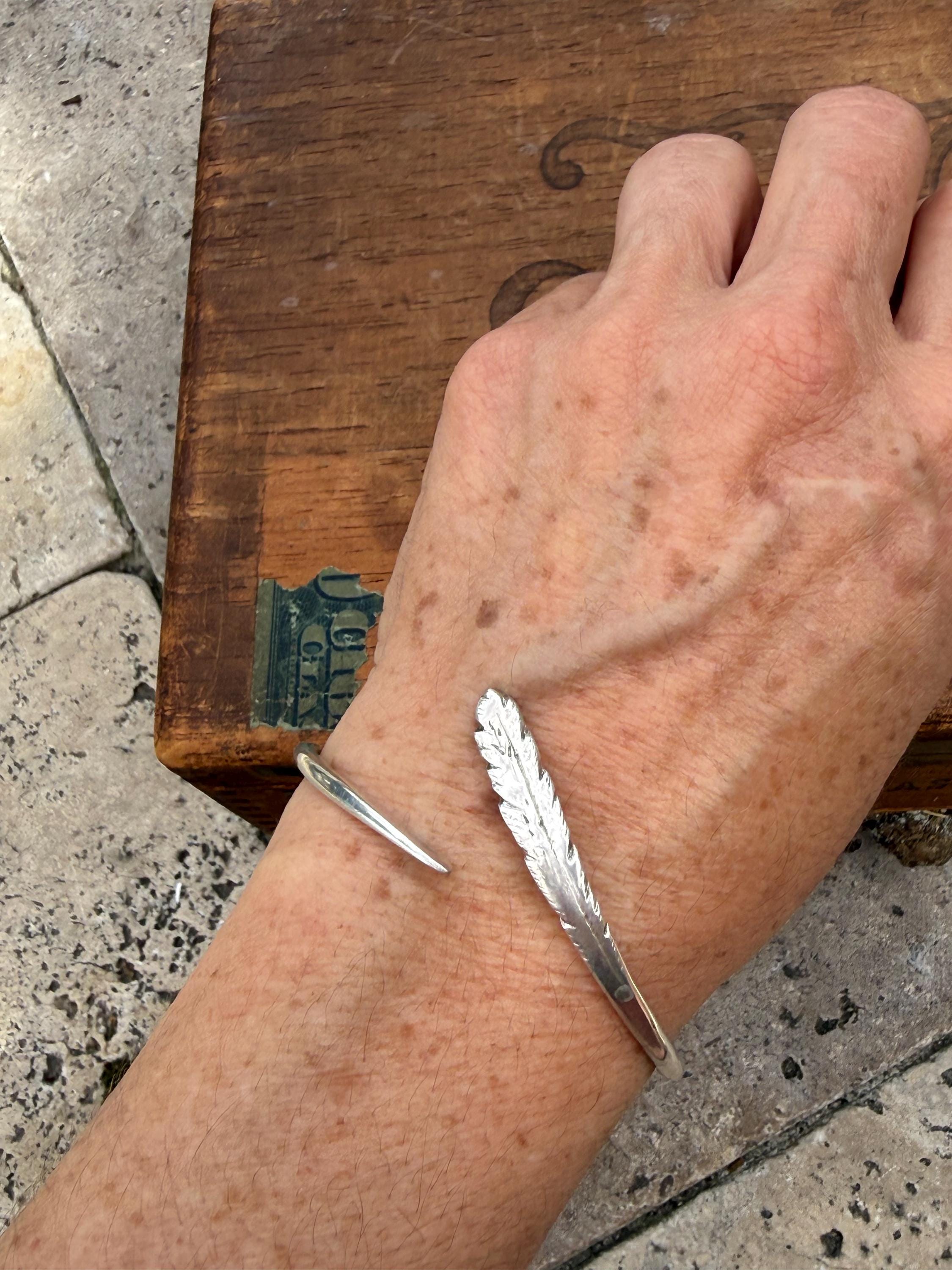 Hand Formed Feather Cuff Bangle Bracelet in Sterling Silver, adjustable