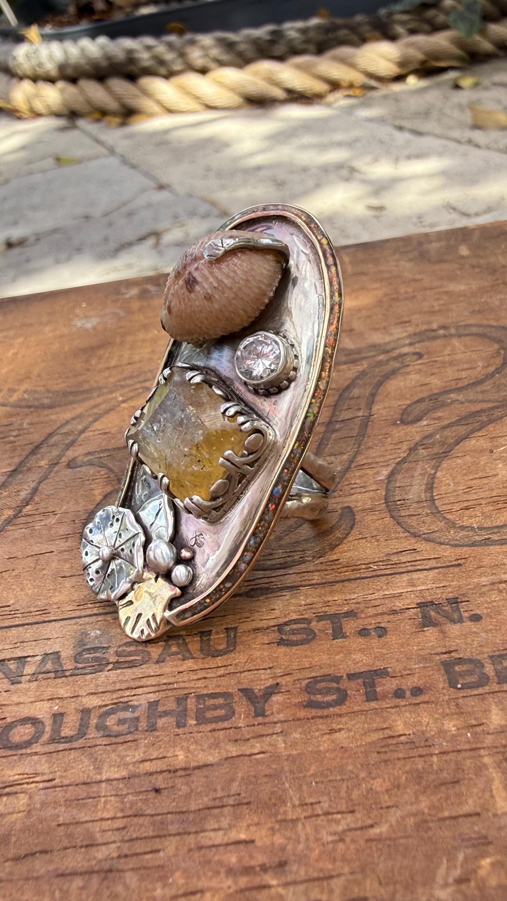 OPAL inlay, VINTAGE citrine, HANDPICKED cowrie shell, White Topaz in sterling silver and 14kgf, size 6 3/4