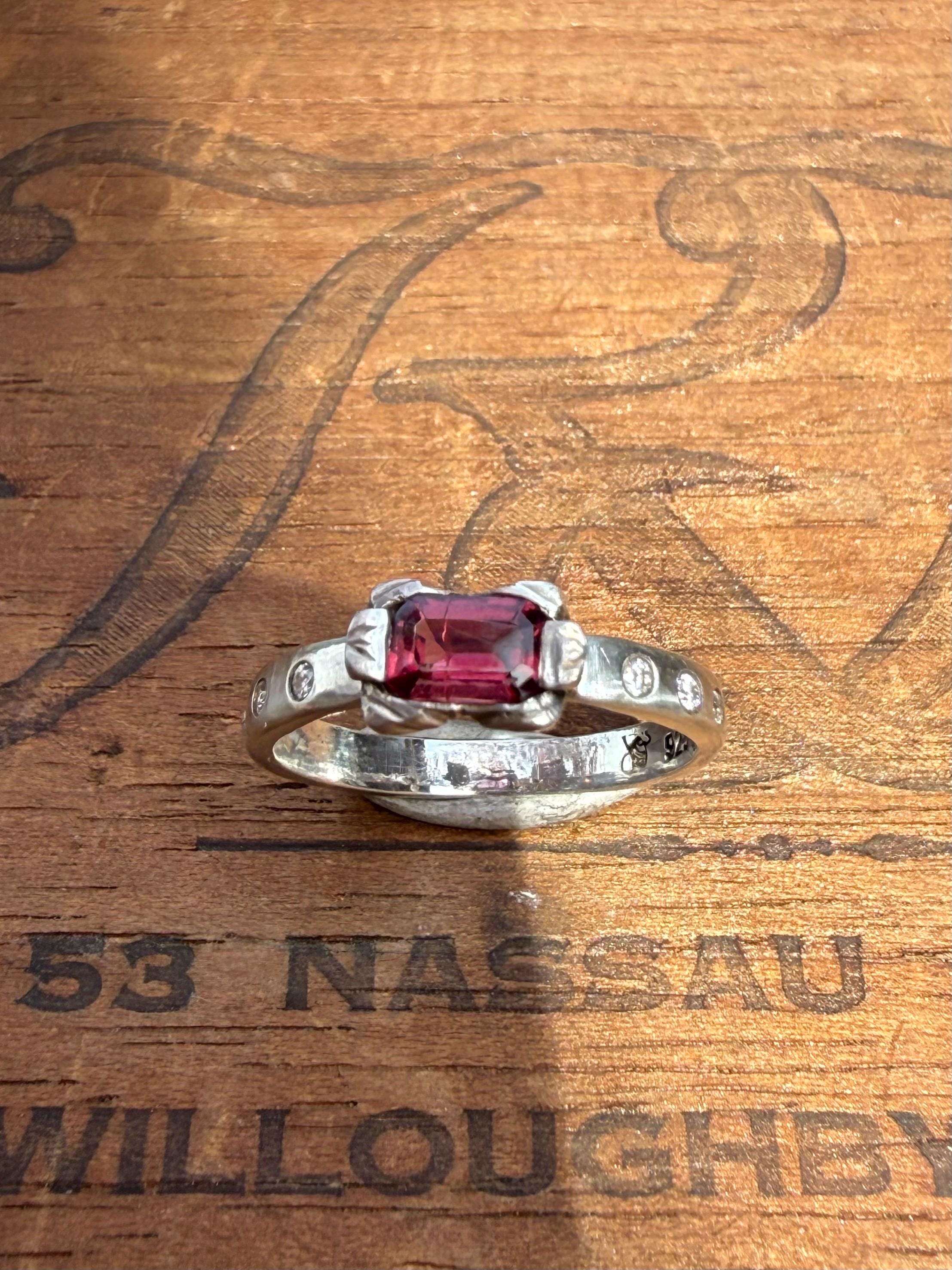 Antique Inspired Tourmaline Ring with Diamonds in Sterling Silver, size 8