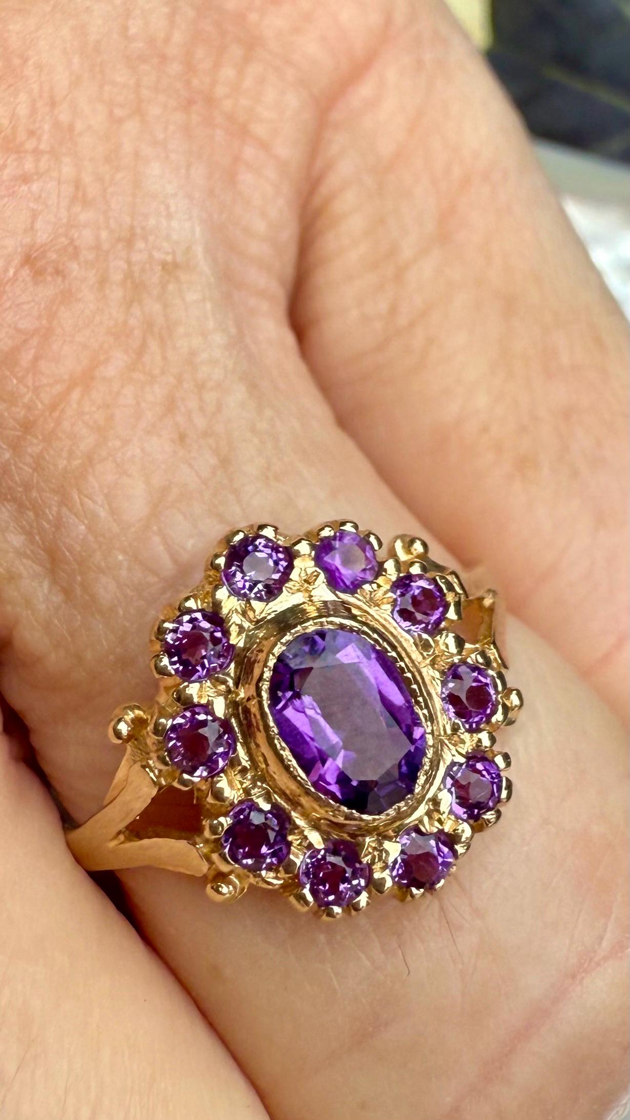 Vintage Amethyst Cluster Ring from England, 9K Gold; Size 8 1/4