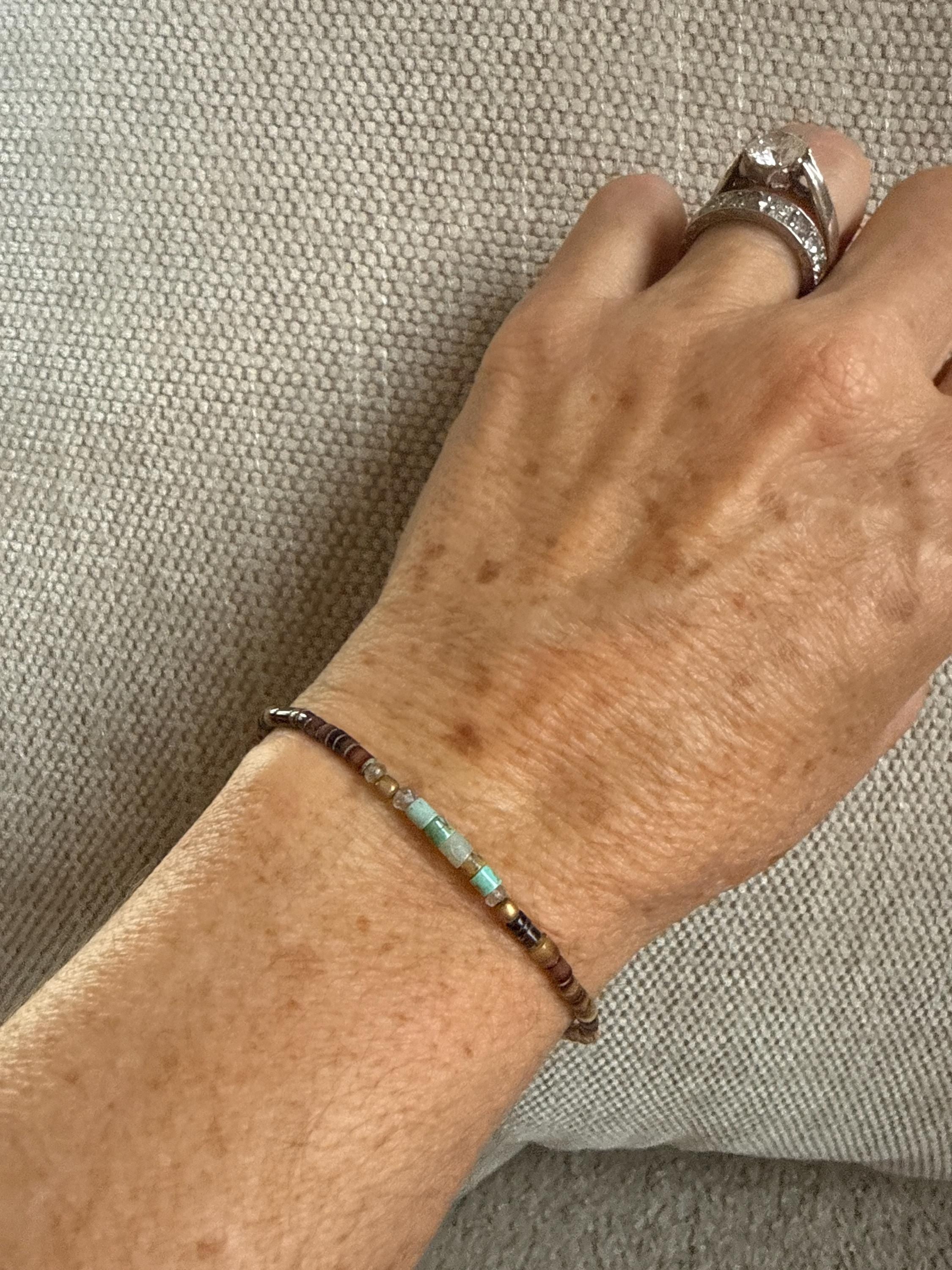 Gypsy Bracelet with Turquoise, Shell, Labradorite & Brass Beads with 14kgf Clasp, 7.5”