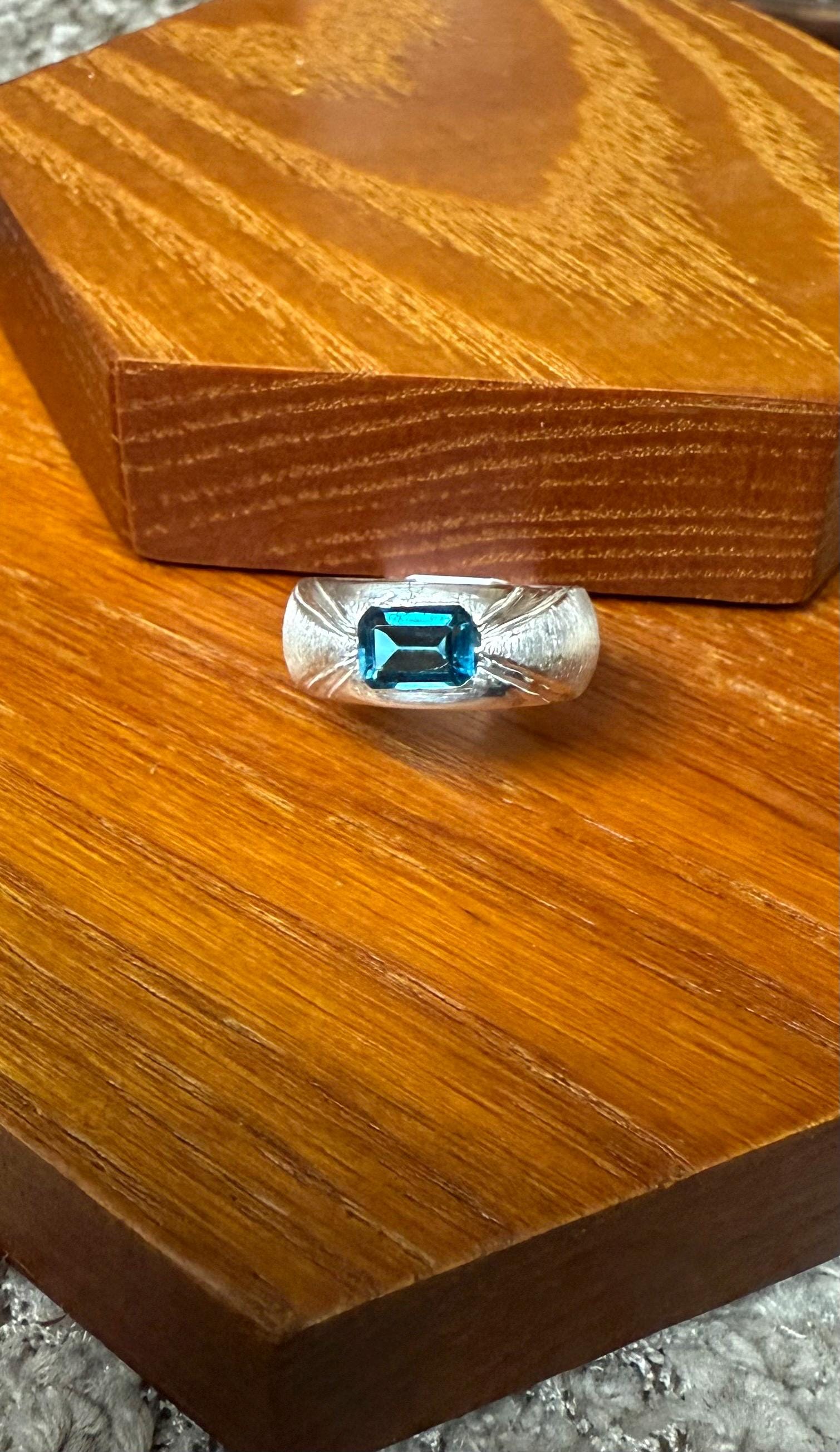 Hand Carved Fine Silver Dome Ring: London Blue Topaz, Size 7