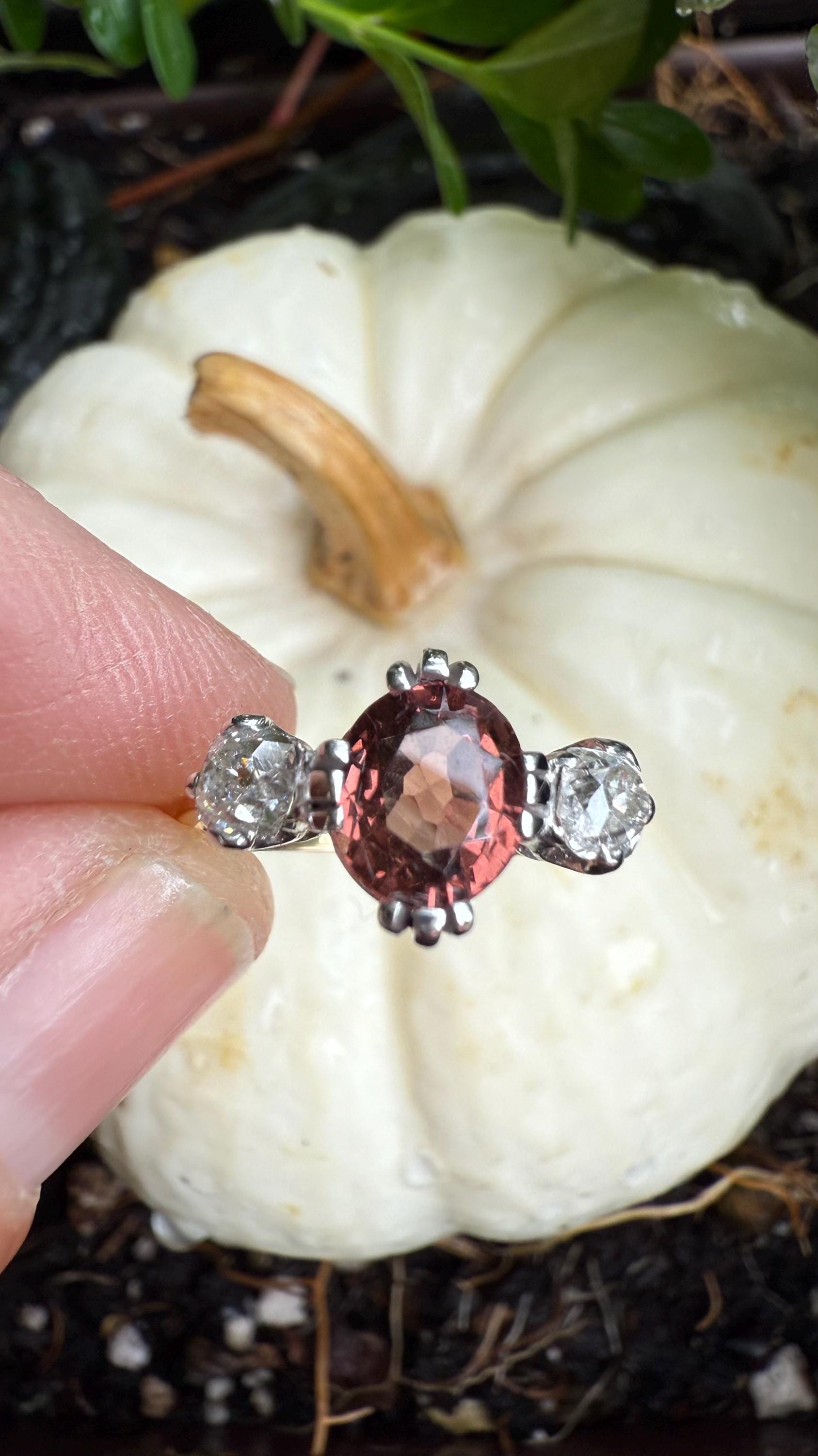 Gorgeous Victorian Trilogy Ring in 18Ct Yellow and White Gold, featuring a 1 carat Spinel, and (2) 22.5 pt Old European cut Natural Diamonds