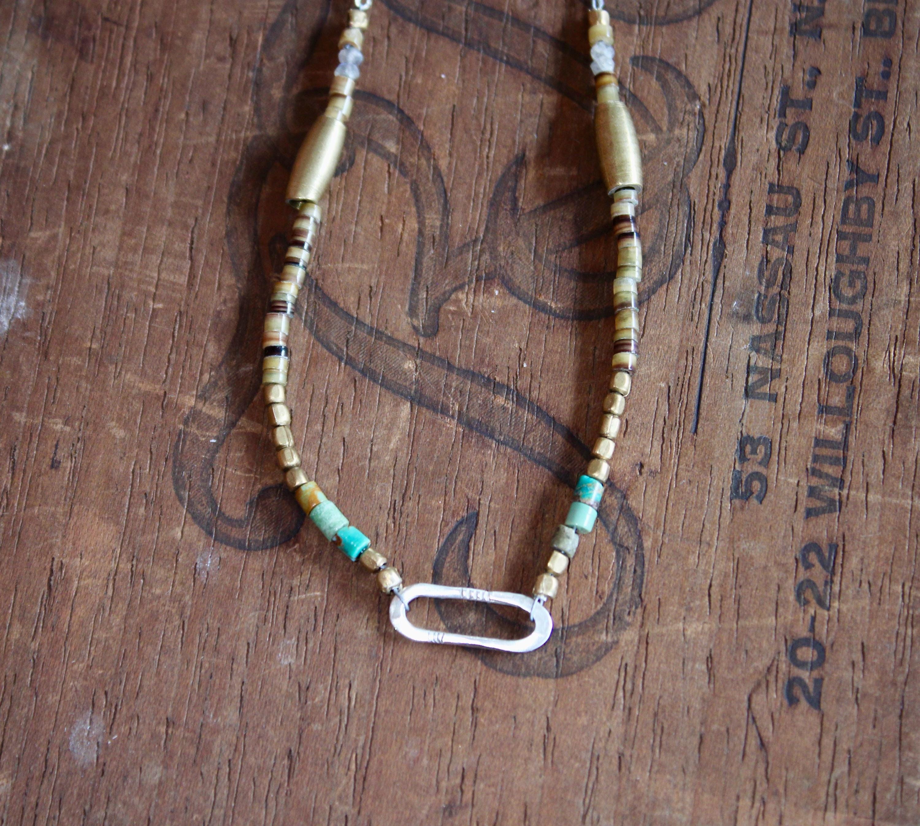 Gypsy Necklace with Turquoise, Shell, Labradorite & Brass Beads with Hand Formed S. Silver Link, 18” Silver chain
