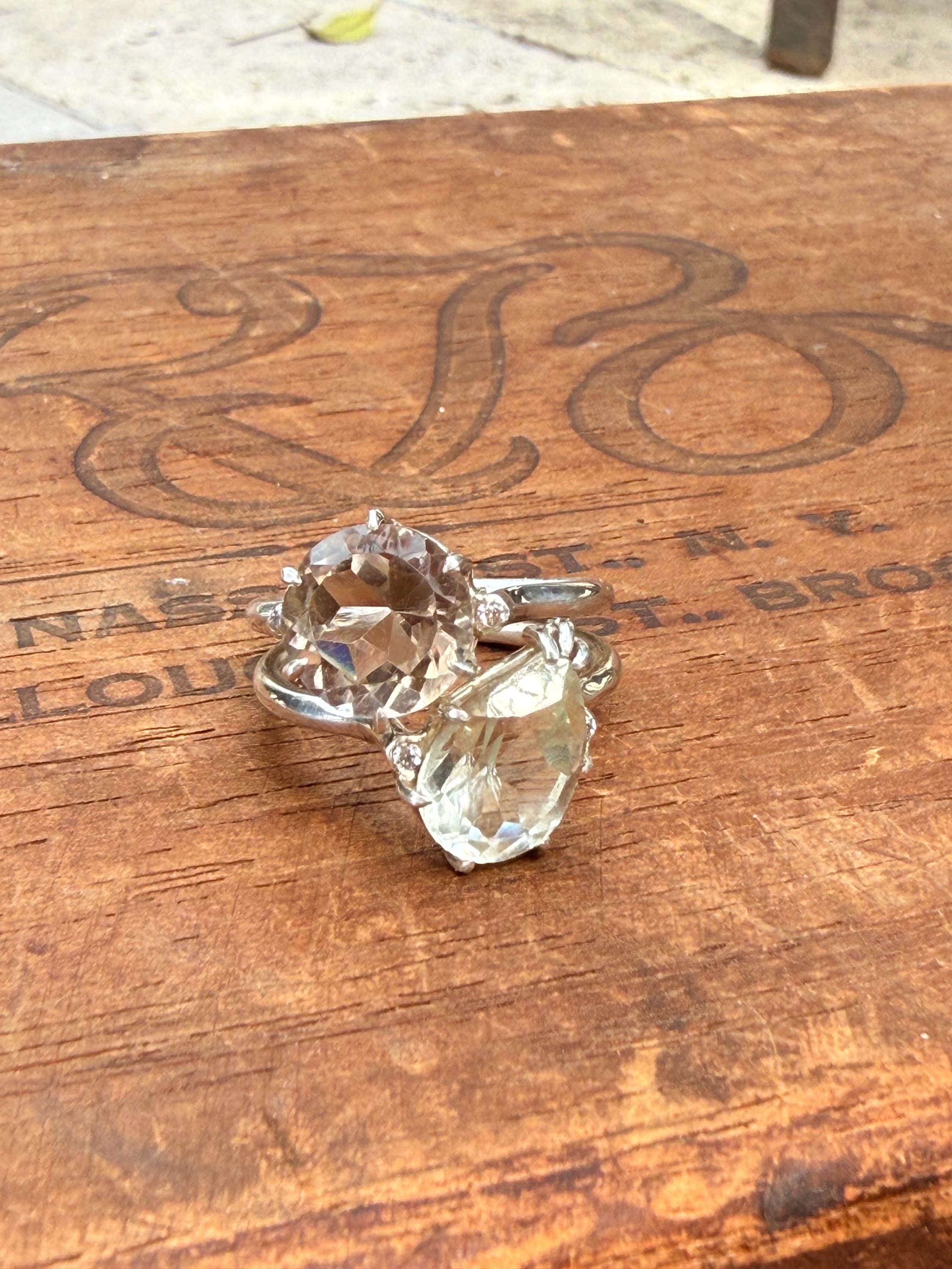 Toi et Moi or 'You and Me' Handmade Ring in Smoky Topaz and Green Flourite, with 4 tiny diamonds and Sterling Silver,  Size 7