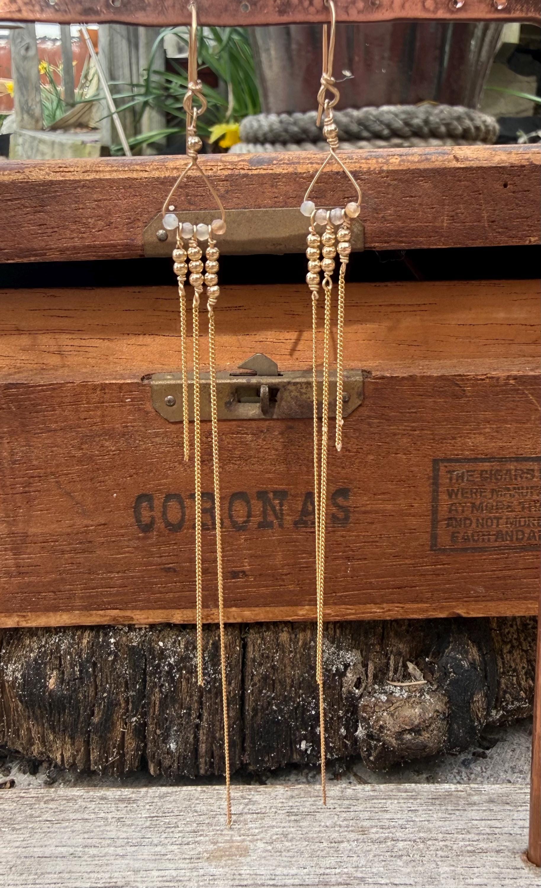 Peach Moonstone & Chain Extra Long Fringe Dangle Earrings in 14kgf, Handmade