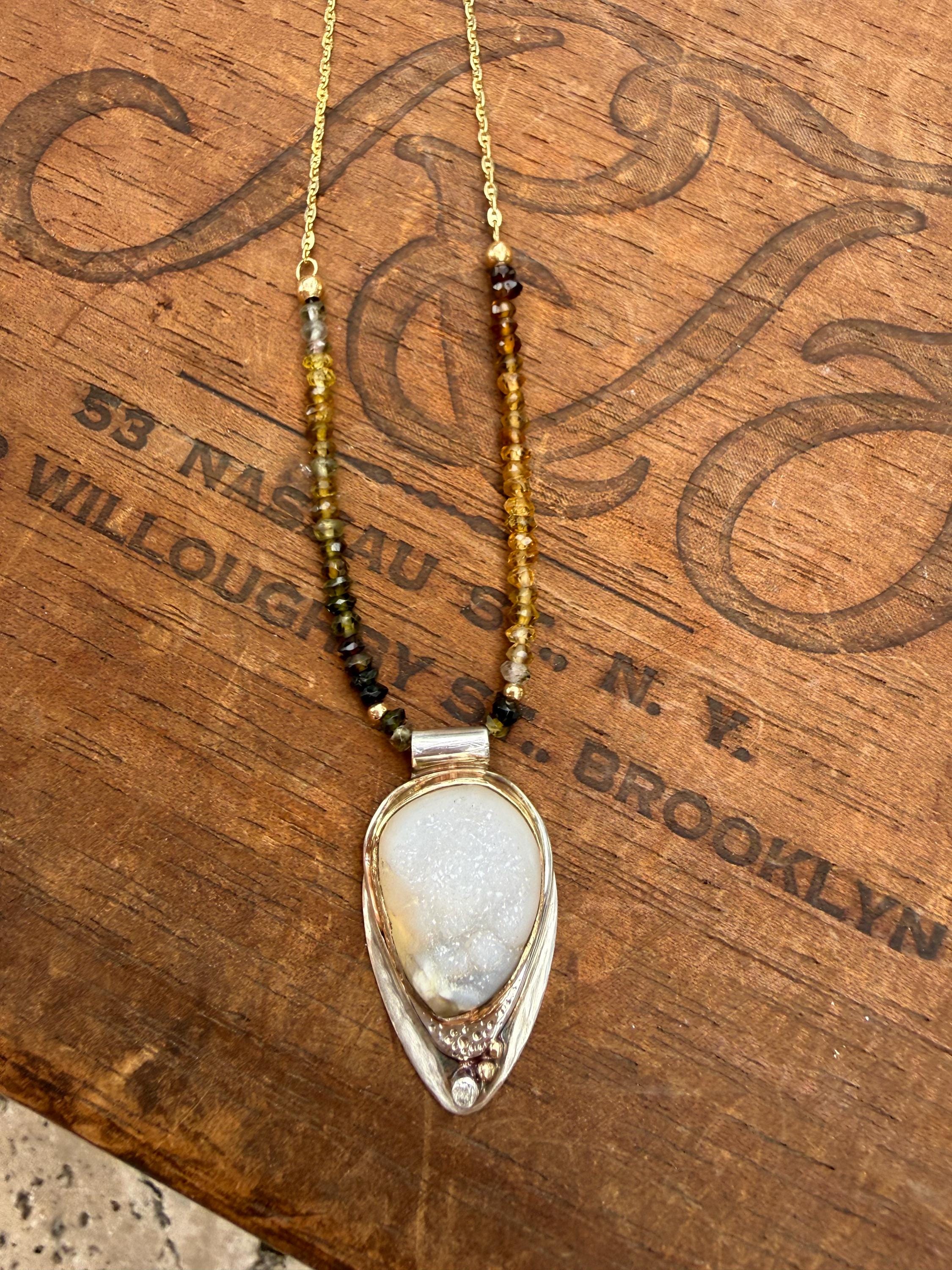 Druzy Diamond Pendant: 14K Gold & Sterling Silver, Tourmaline Bead Necklace