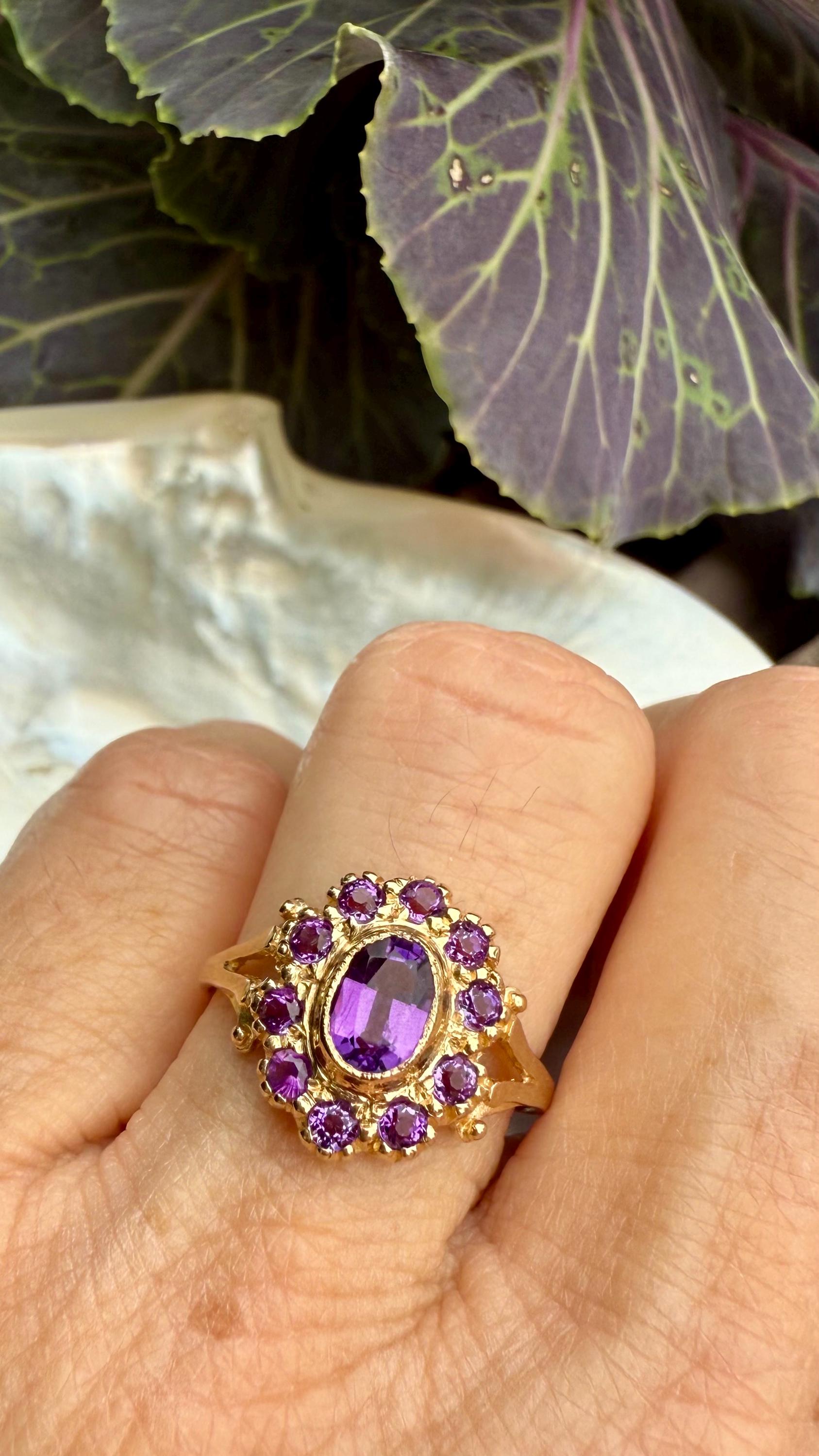 Vintage Amethyst Cluster Ring from England, 9K Gold; Size 8 1/4