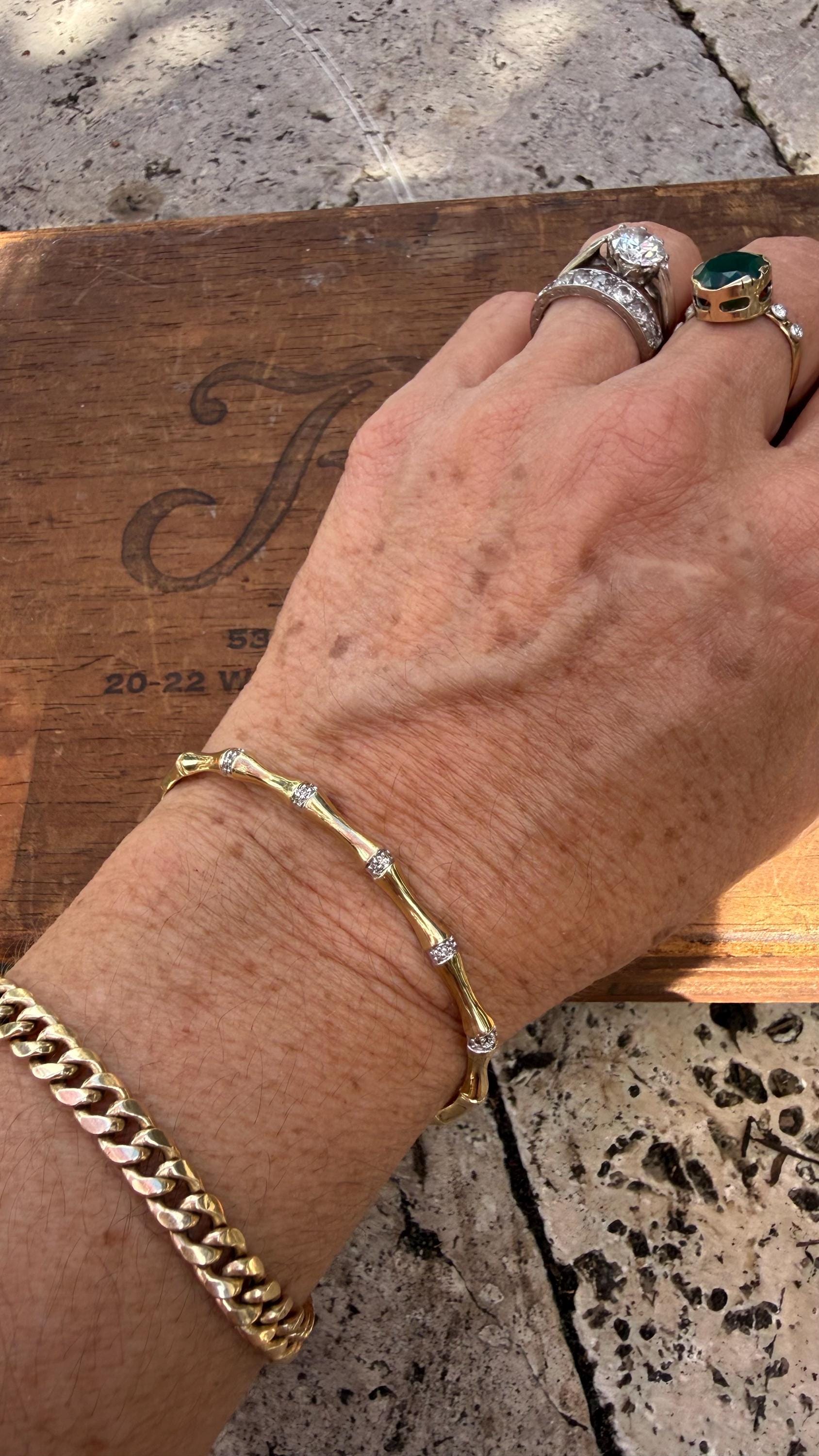 Vintage Gold Bamboo Bangle from UK in Yellow and White 9K Gold with Natural Diamonds, 6.4 grams.