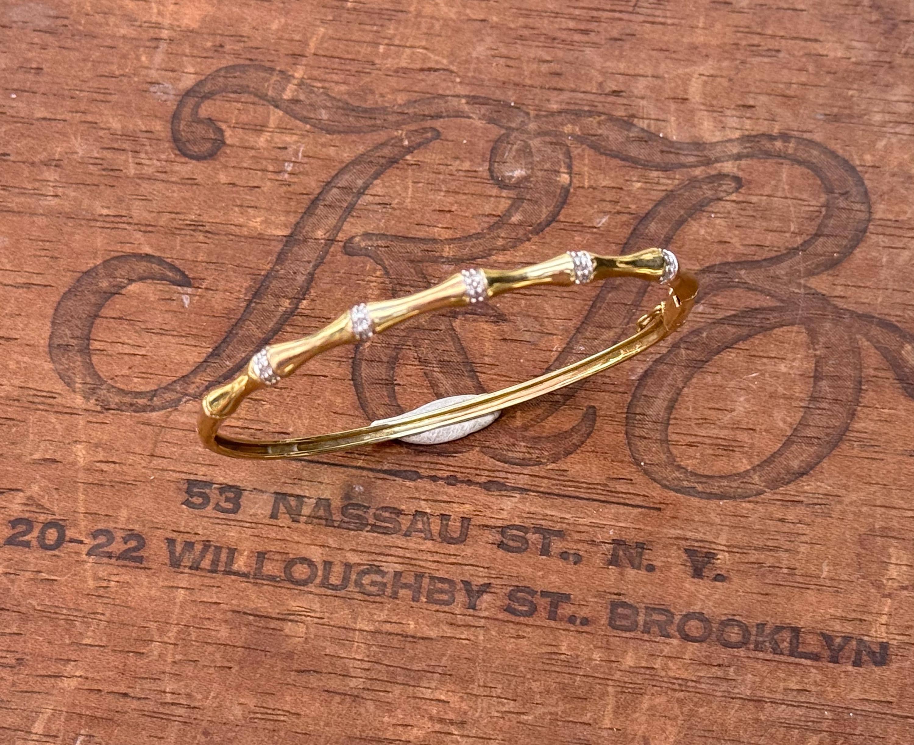 Vintage Gold Bamboo Bangle from UK in Yellow and White 9K Gold with Natural Diamonds, 6.4 grams.