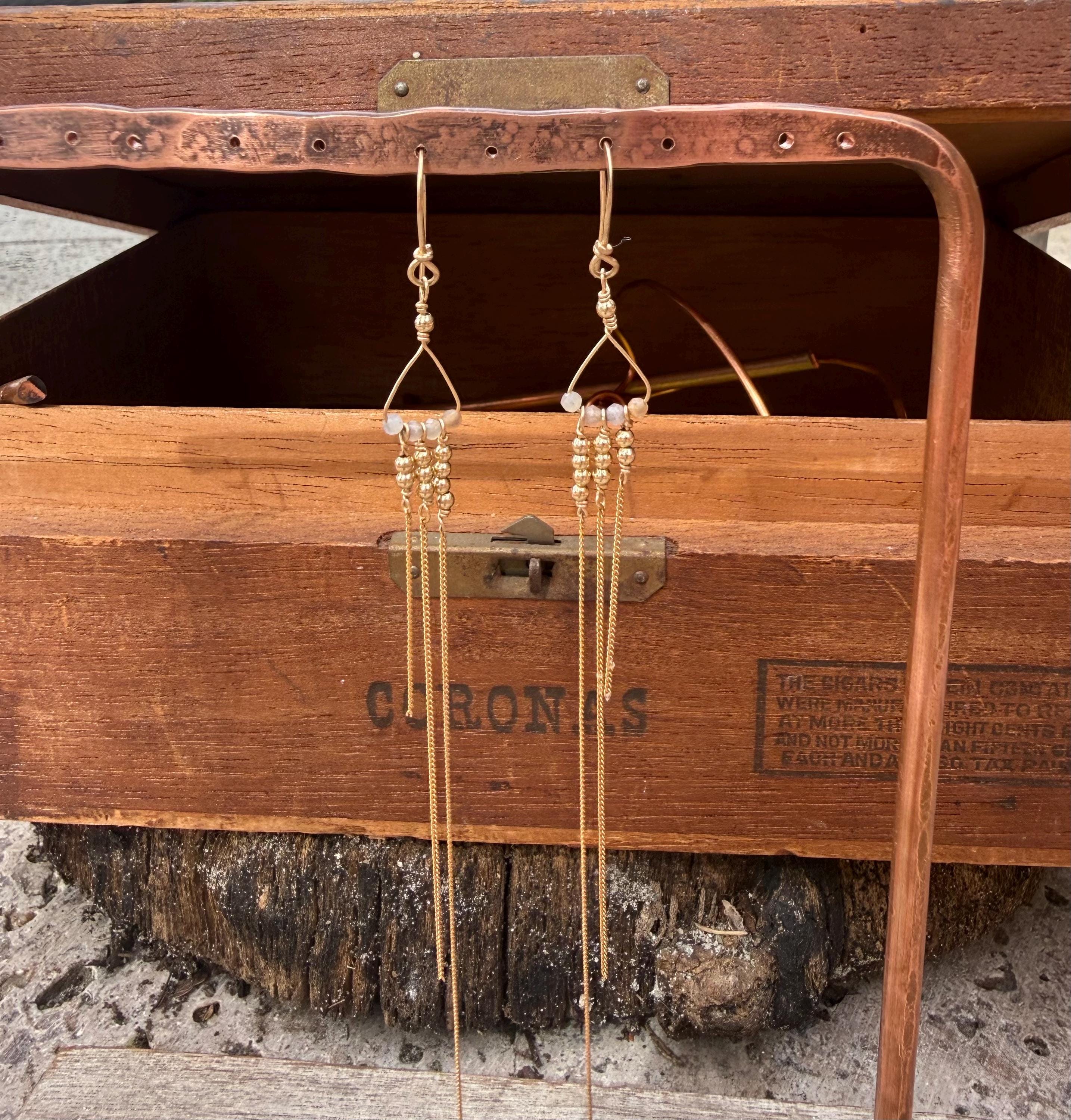 Peach Moonstone & Chain Extra Long Fringe Dangle Earrings in 14kgf, Handmade