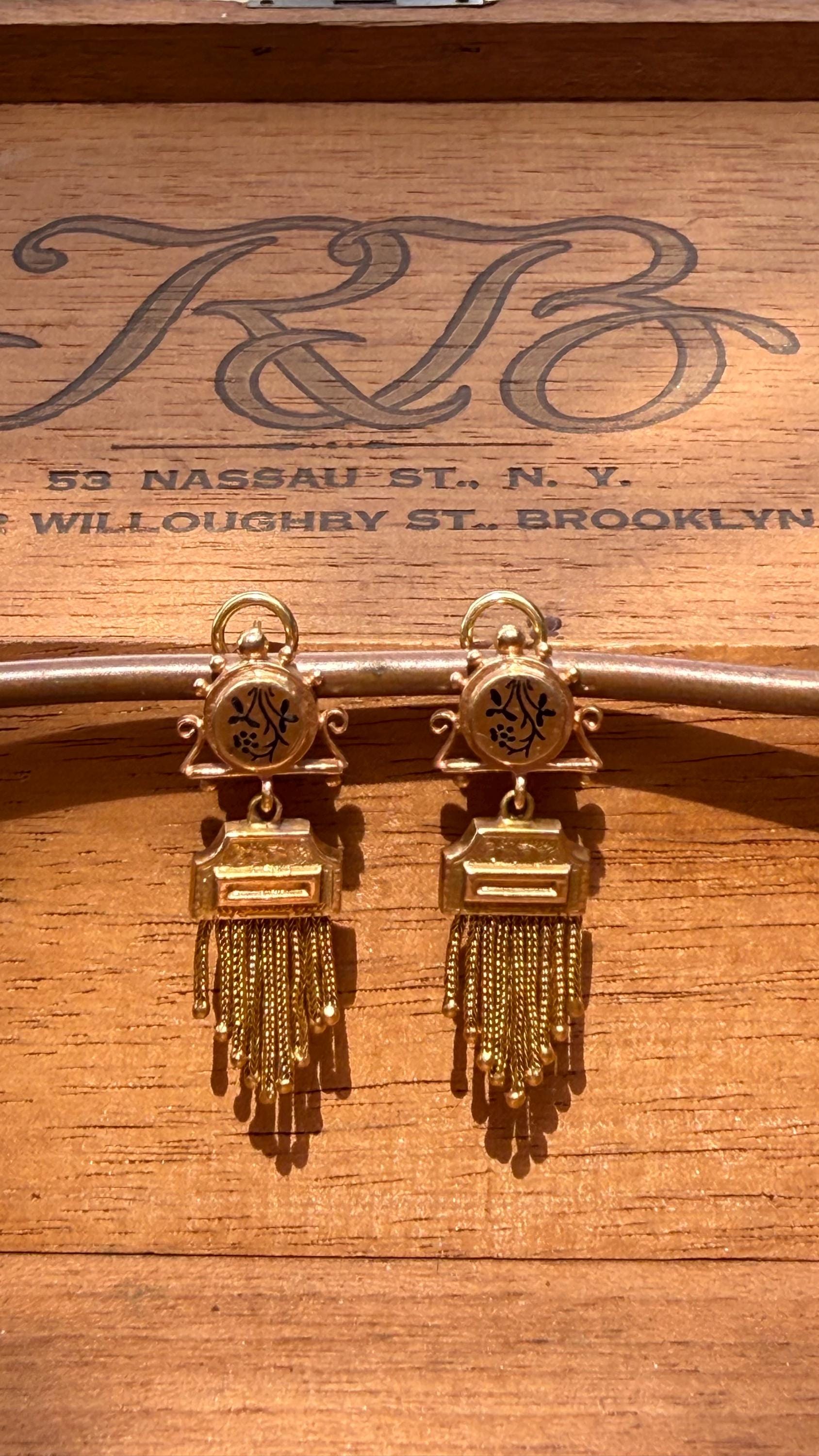 Antique Earrings Victorian Tassle with Black Enamel and 14K Yellow Gold