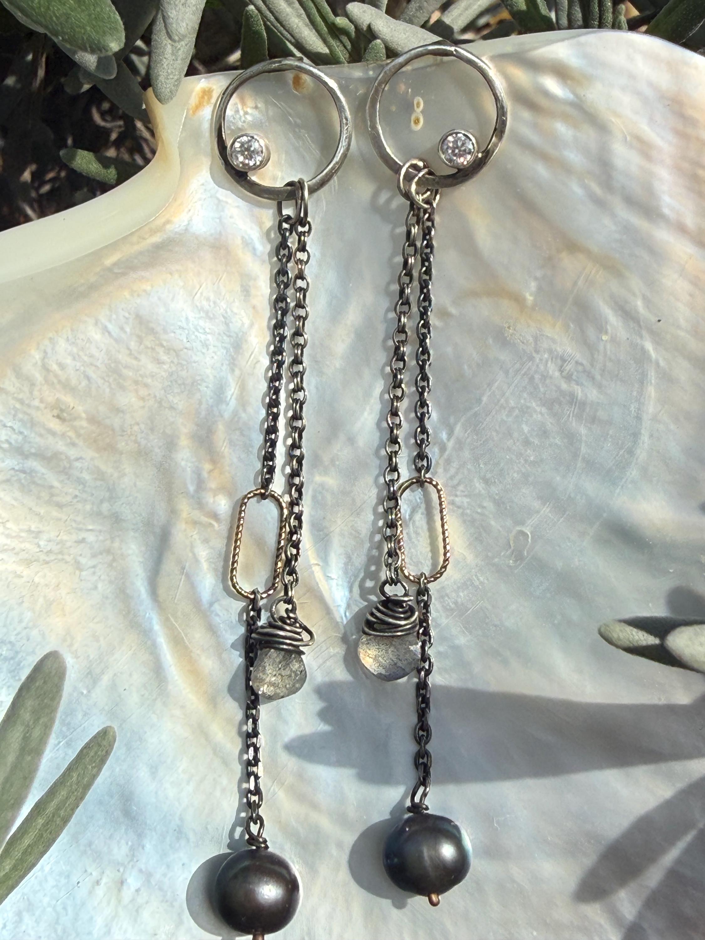Hand-Forged Sterling Silver Earrings: Diamond, Black Pearl & Labradorite