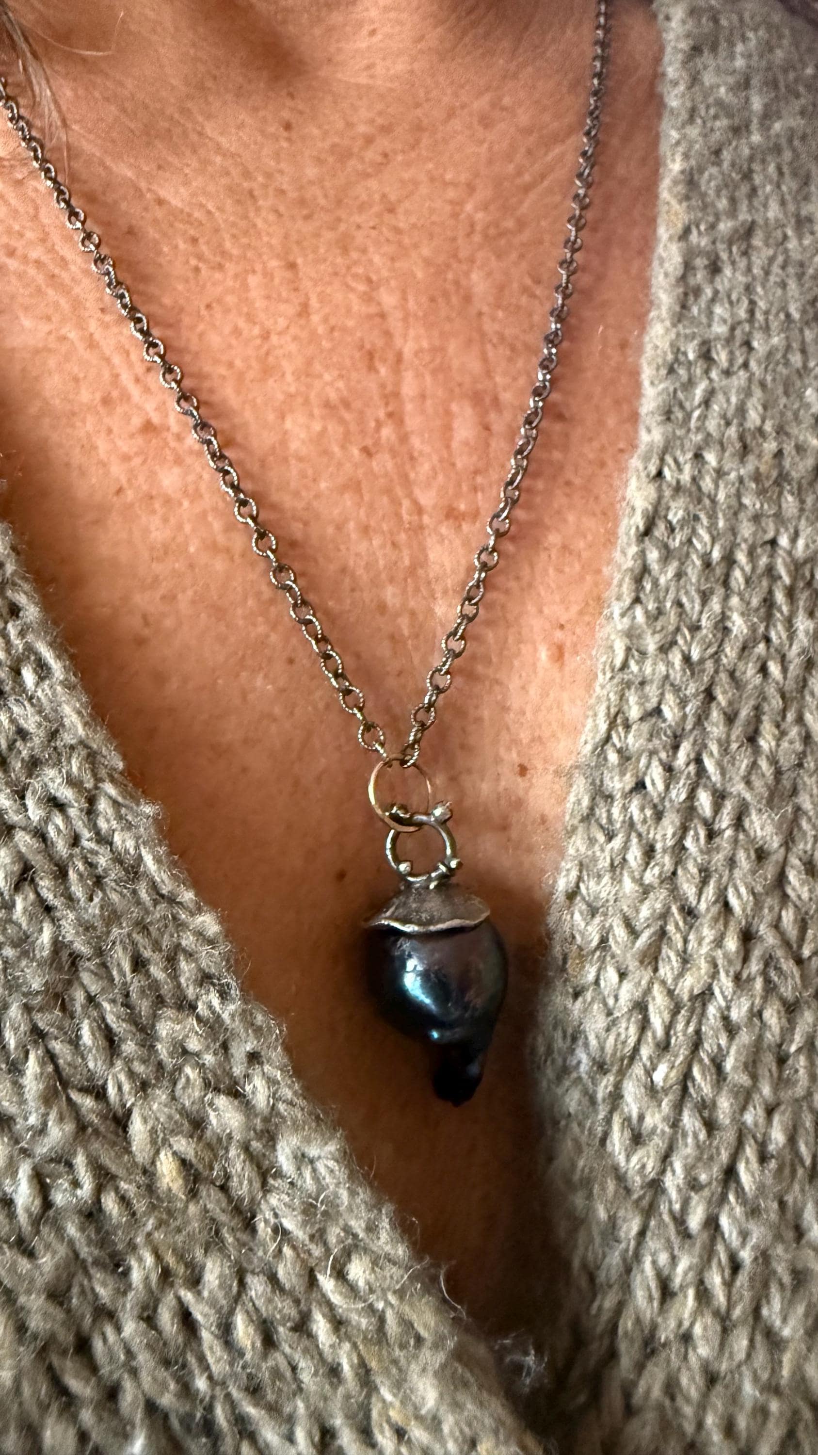Giant Black Baroque Pearl Necklace with Sterling silver Chain and 14k Gold; 24” long.