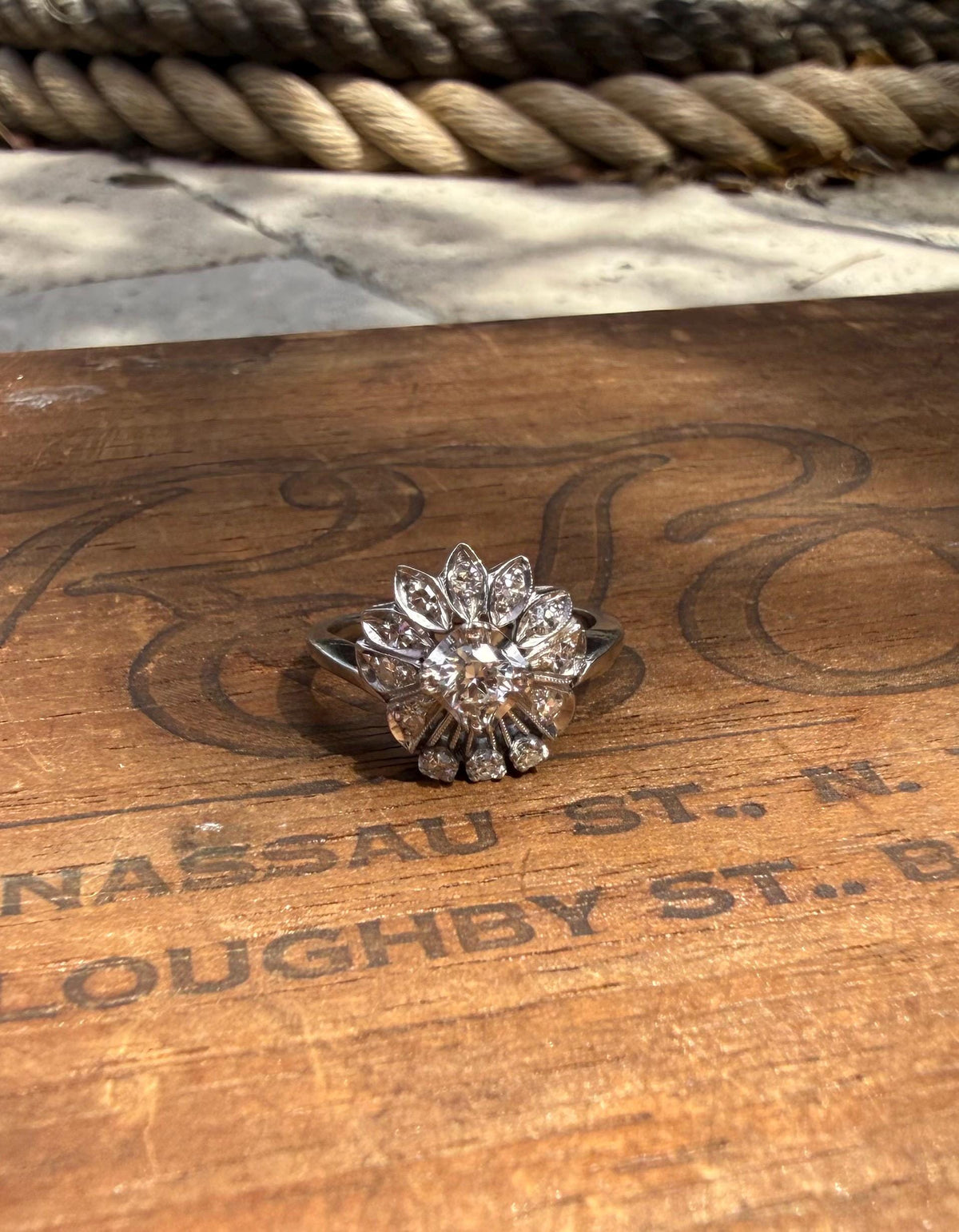 Antique Midcentury Cluster Flower Ring, Natural Diamonds, size 7. 1960’s
