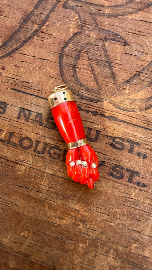 Antique Italian Coral Figa Charm with 14k Gold Amulet Pendant