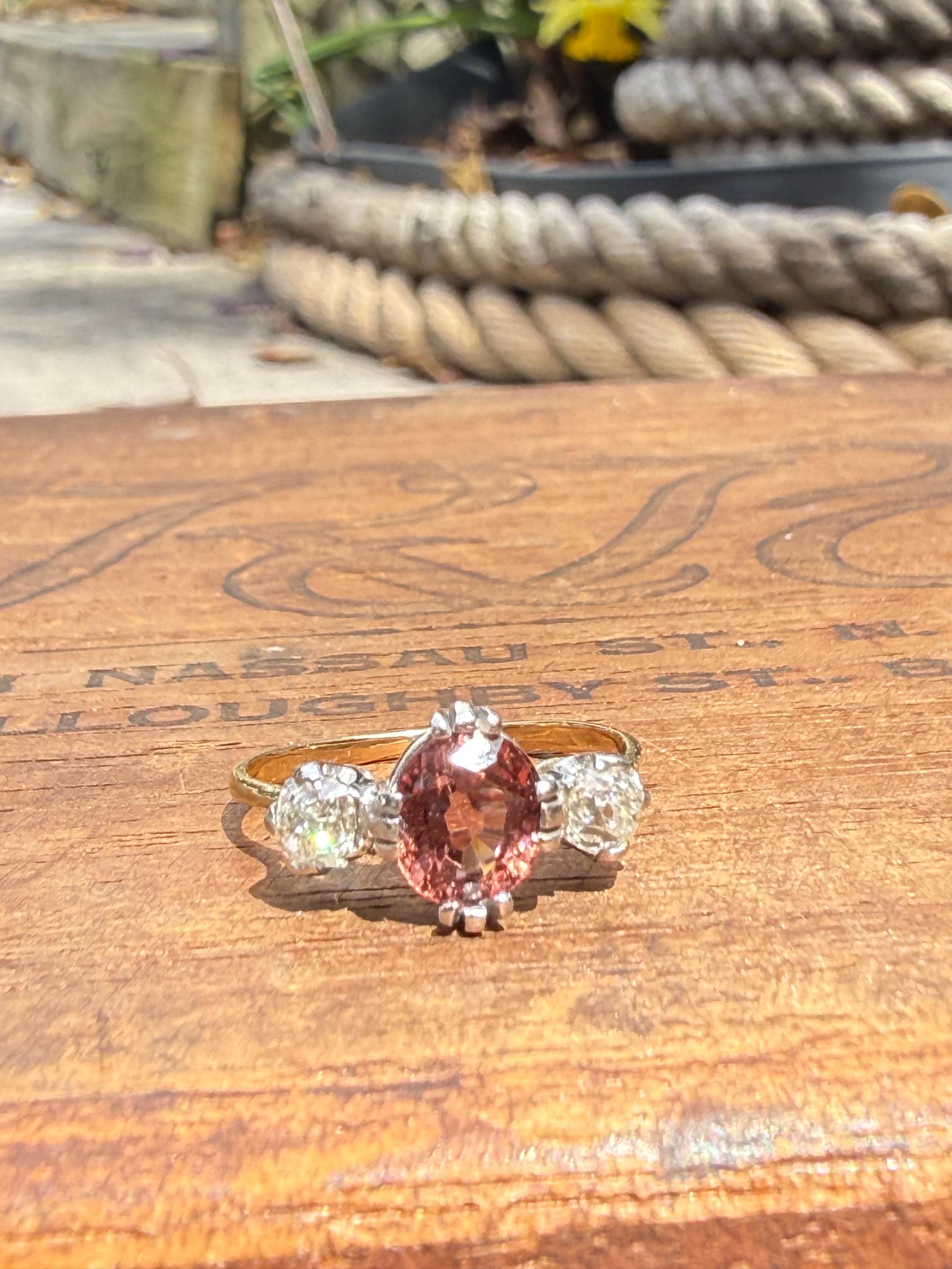 Gorgeous Victorian Trilogy Ring in 18Ct Yellow and White Gold, featuring a 1 carat Spinel, and (2) 22.5 pt Old European cut Natural Diamonds