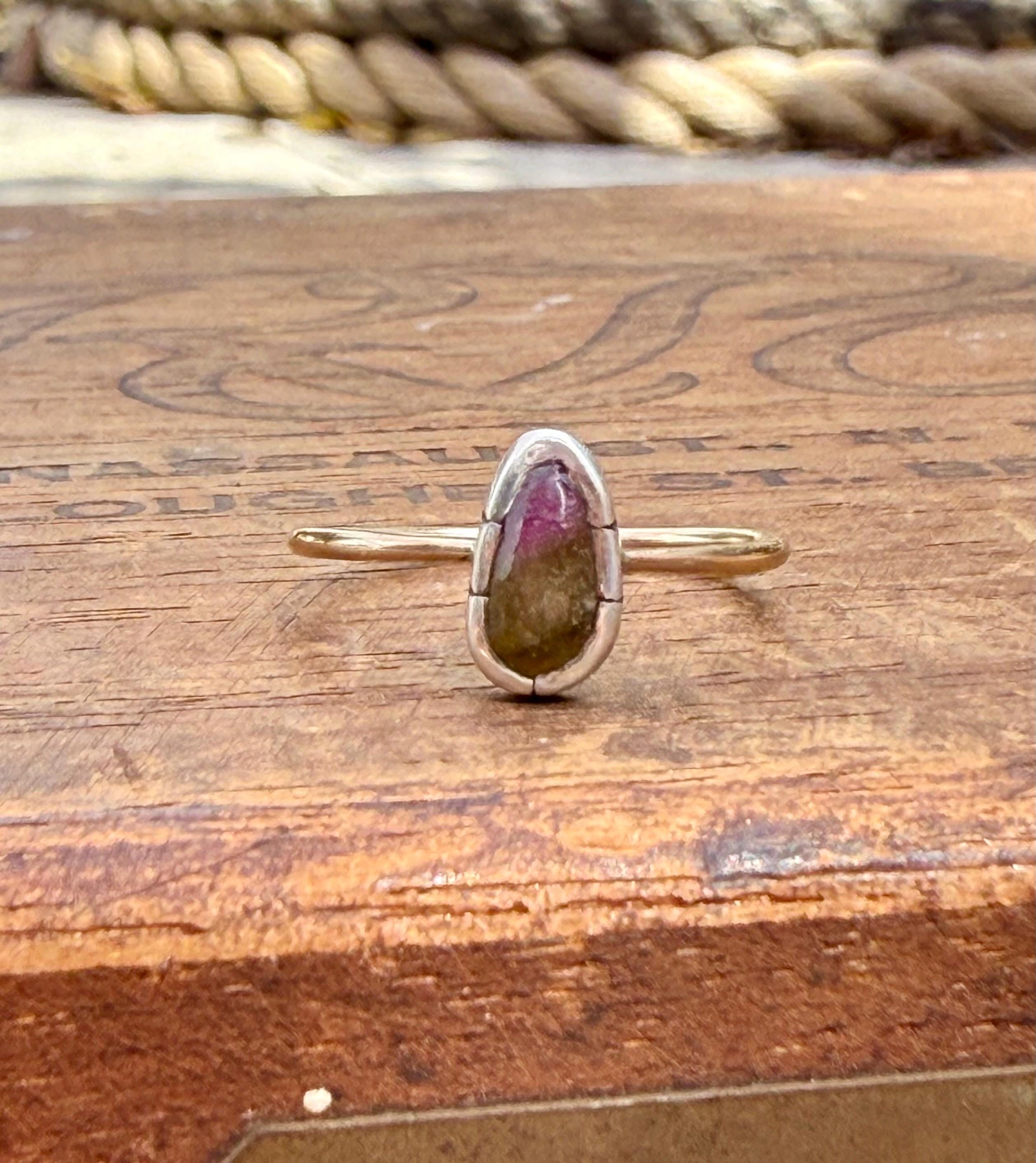 Rose Cut Watermelon Tourmaline Ring: Sterling Silver & 14K Gold, Size 8.25