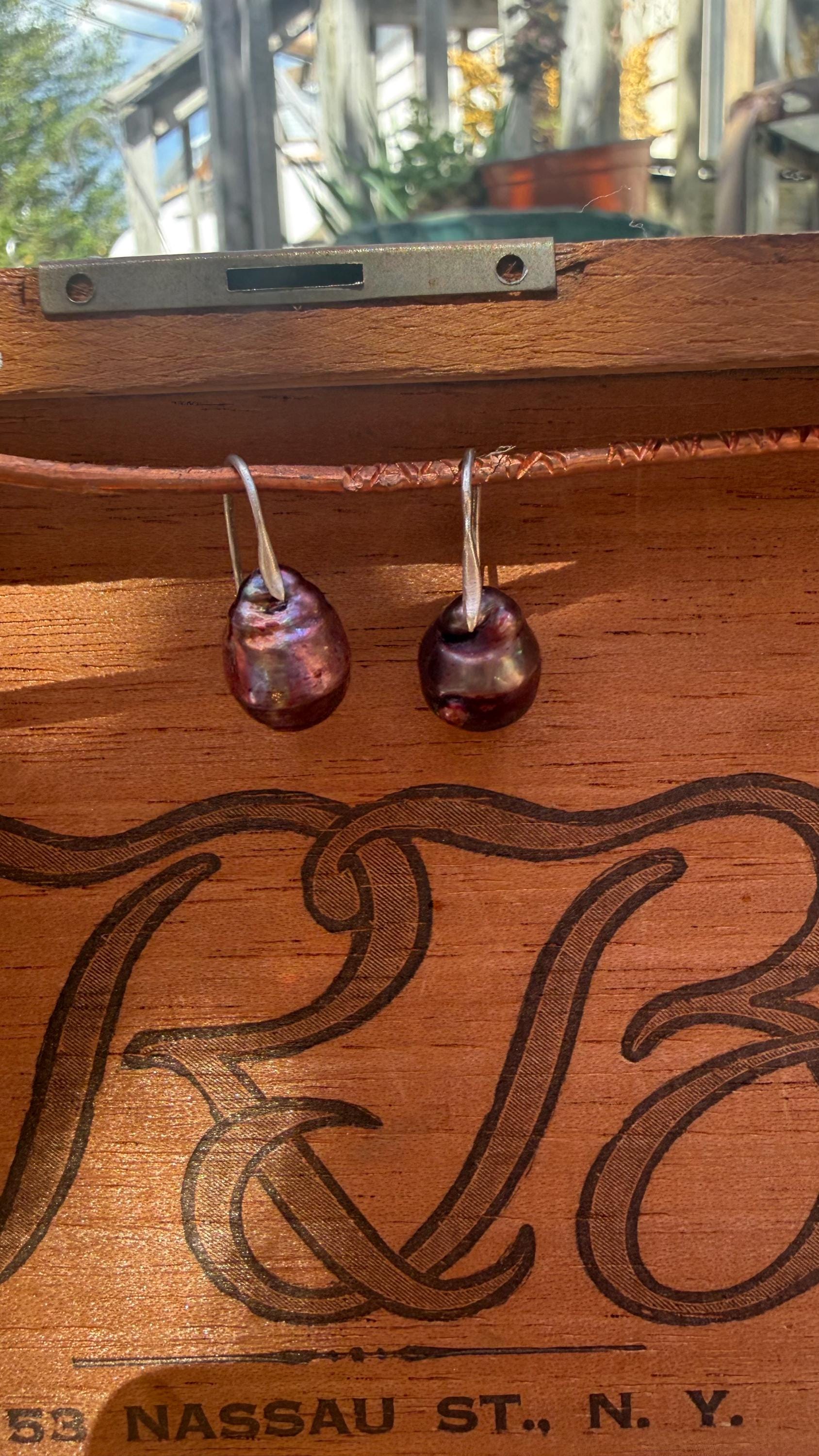 Port Colored Baroque Freshwater Pears with Sterling Silver hooks.