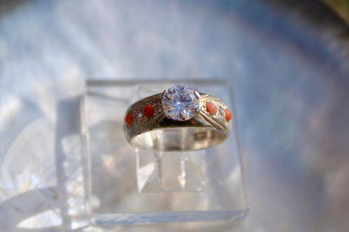 1 Carat Center Moissanite Diamond Ring with Vintage Coral and smaller moissanites in Sterling Silver with custom engraving, size 8