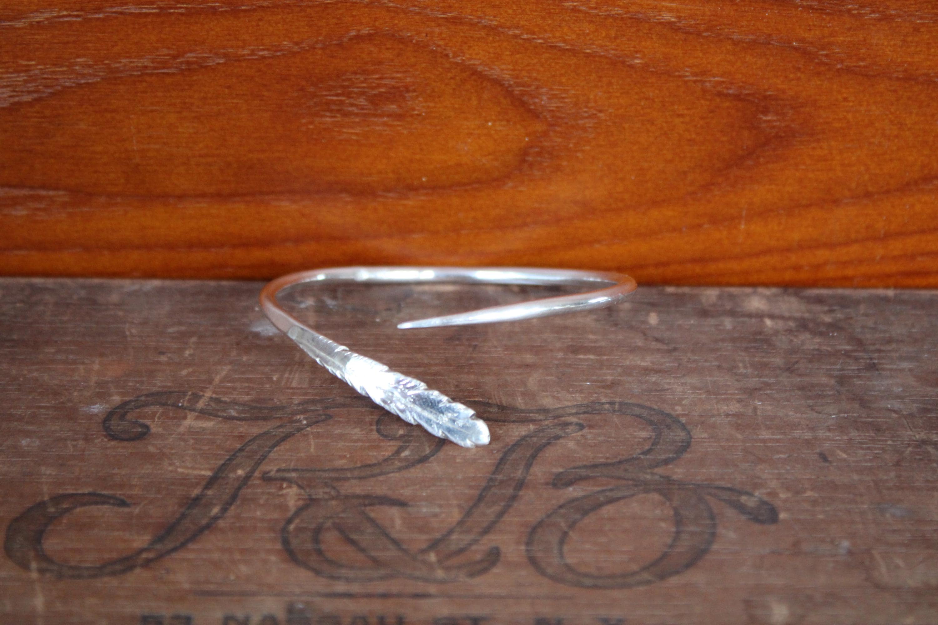 Hand Formed Feather Cuff Bangle Bracelet in Sterling Silver, adjustable