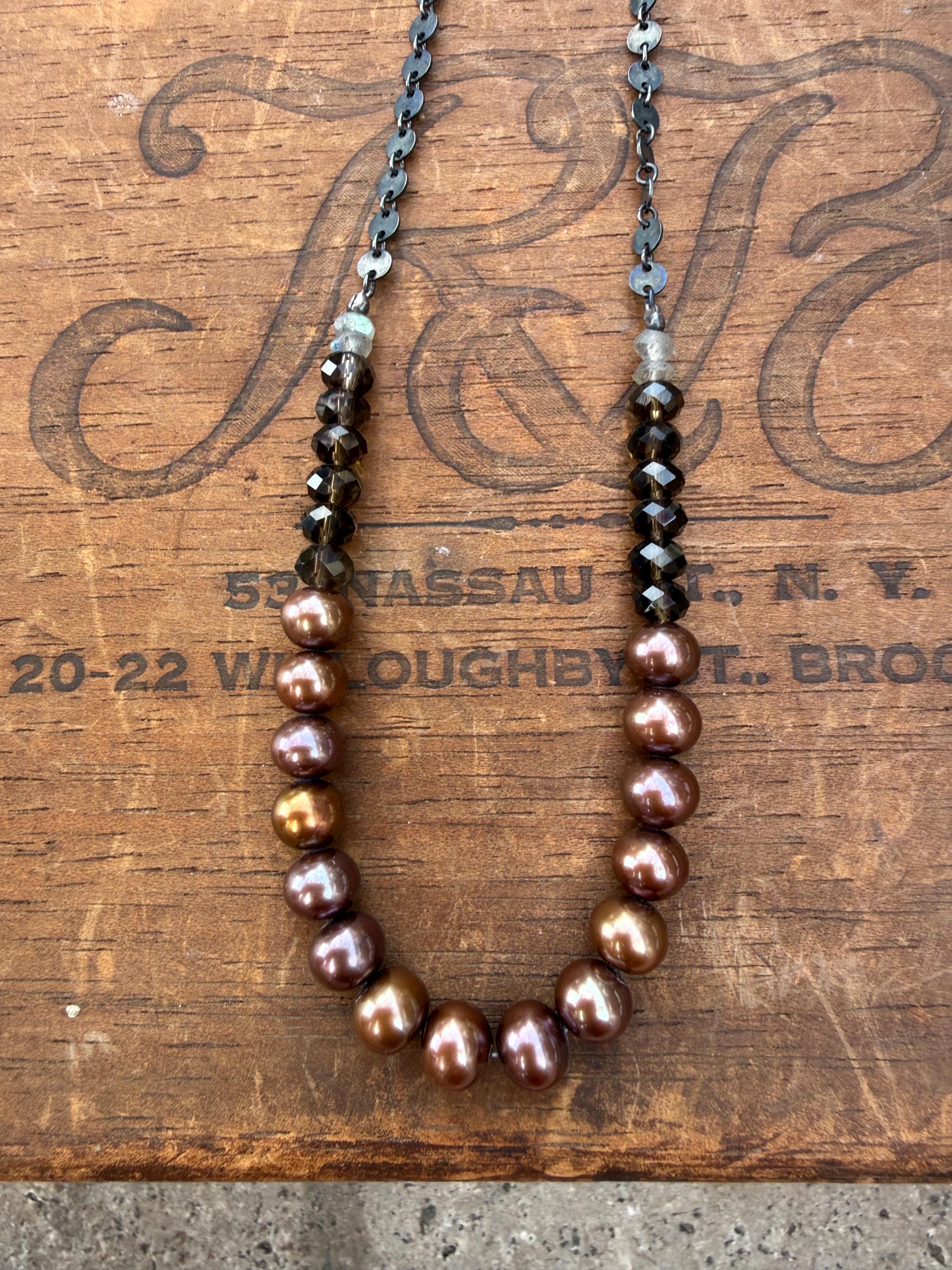 Moody Metallic Freshwater Pearl Necklace with Smoky Topaz & Labradorite, with Blackened S. Silver Chain, 20”
