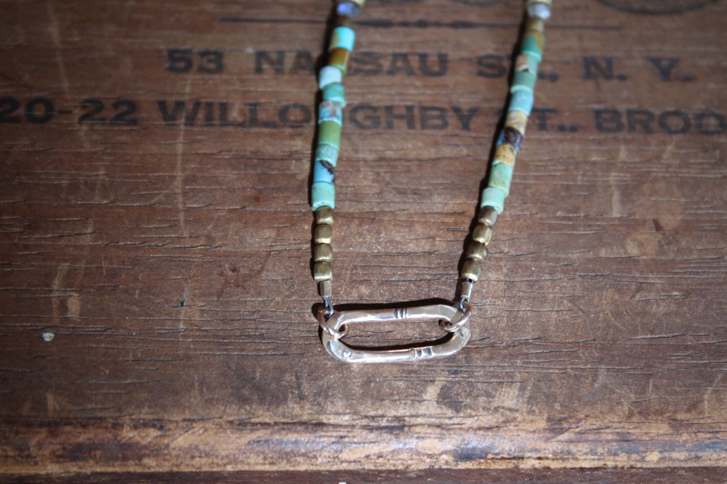 Gypsy Necklace with Turquoise, Shell & Brass Beads with Hand Formed 14kgf Link and Tiny Diamond, 22” 14kgf chain