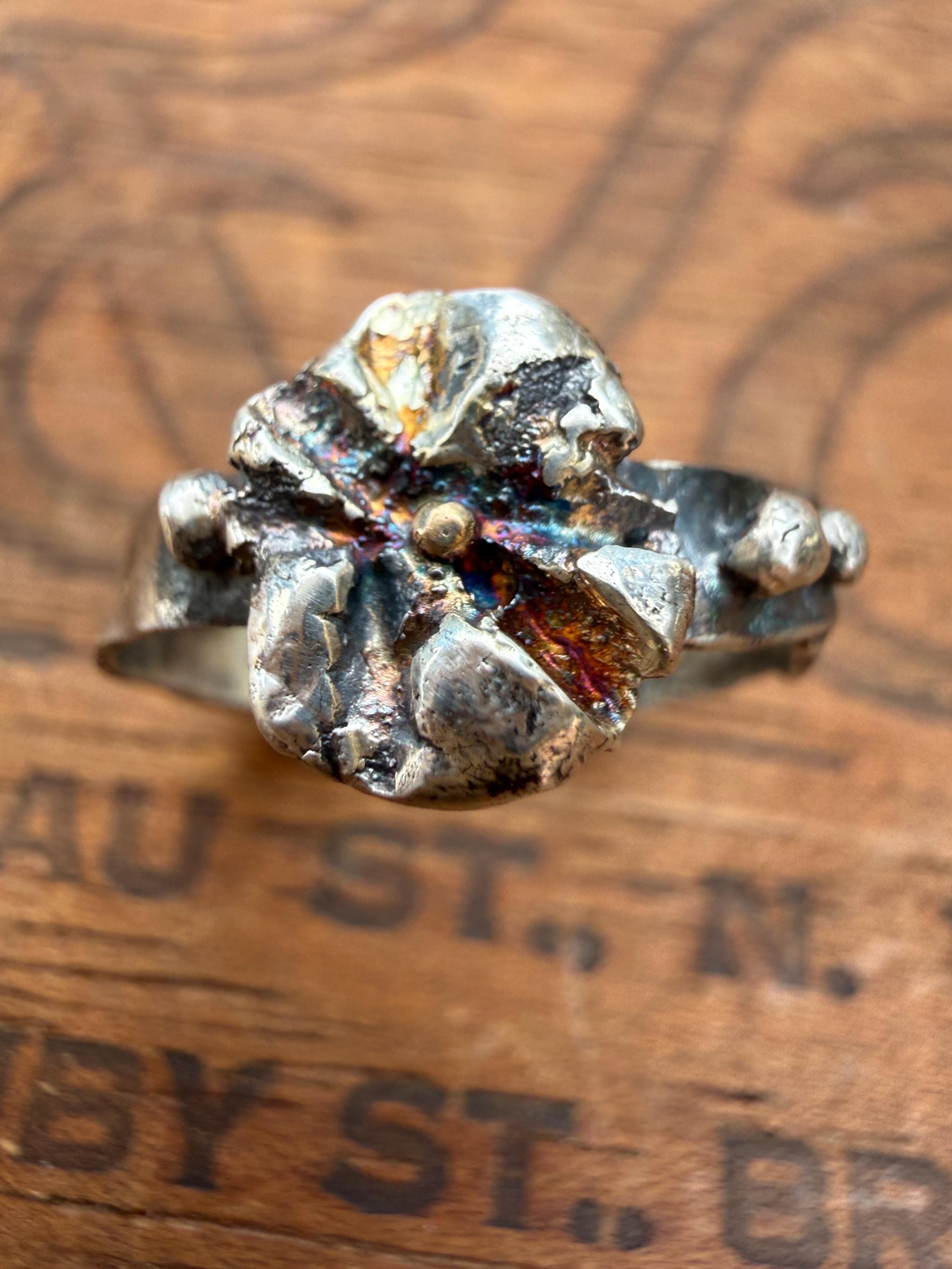 Fused Sterling Silver & Recycled 14K Gold Flower Ring, size 8 1/2