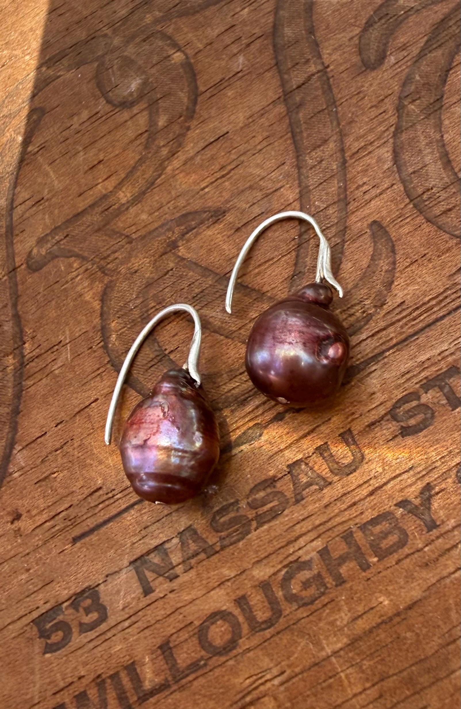 Port Colored Baroque Freshwater Pears with Sterling Silver hooks.